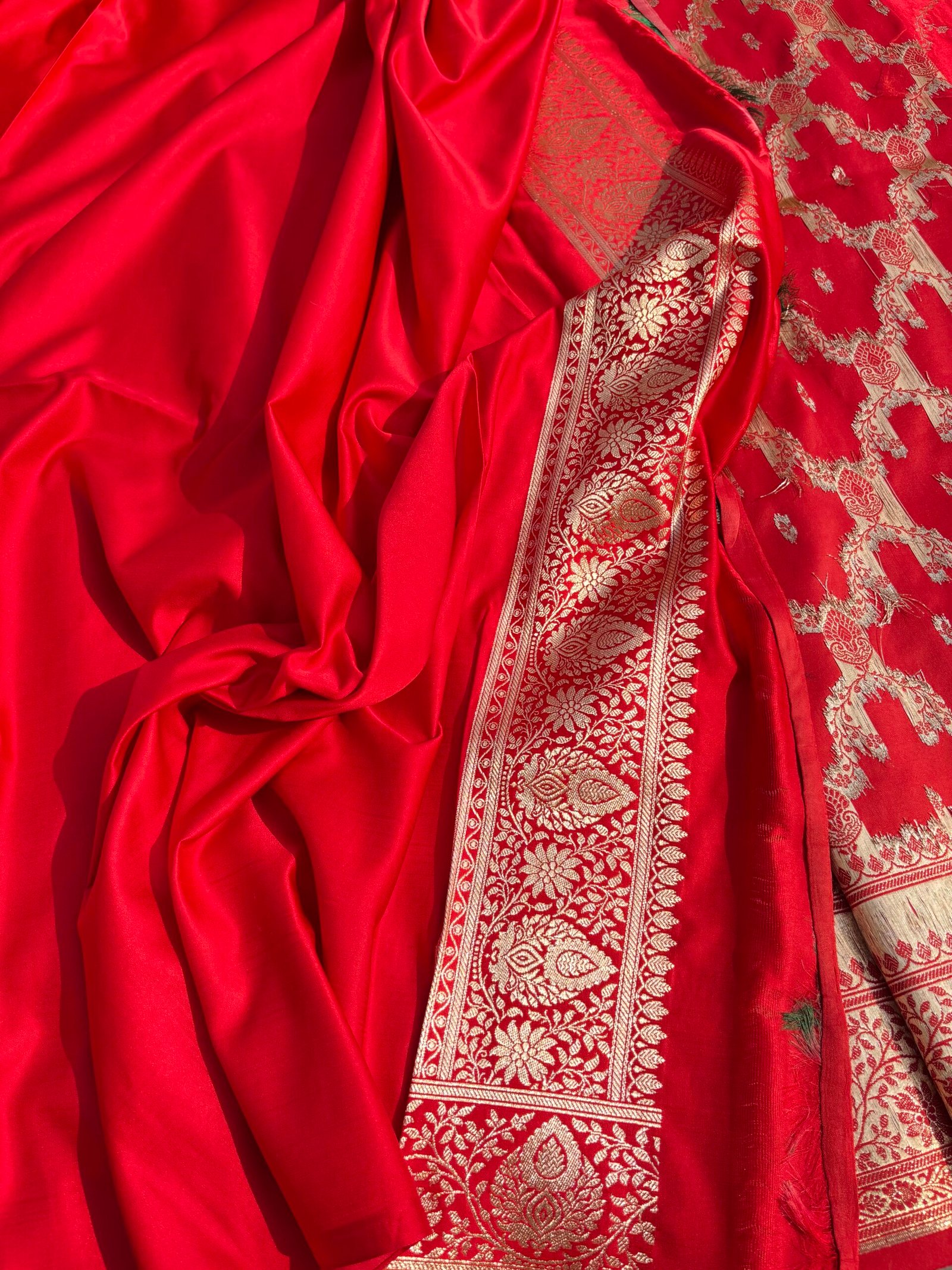 Blood Red Banarasi Satin Silk Saree-Blouse