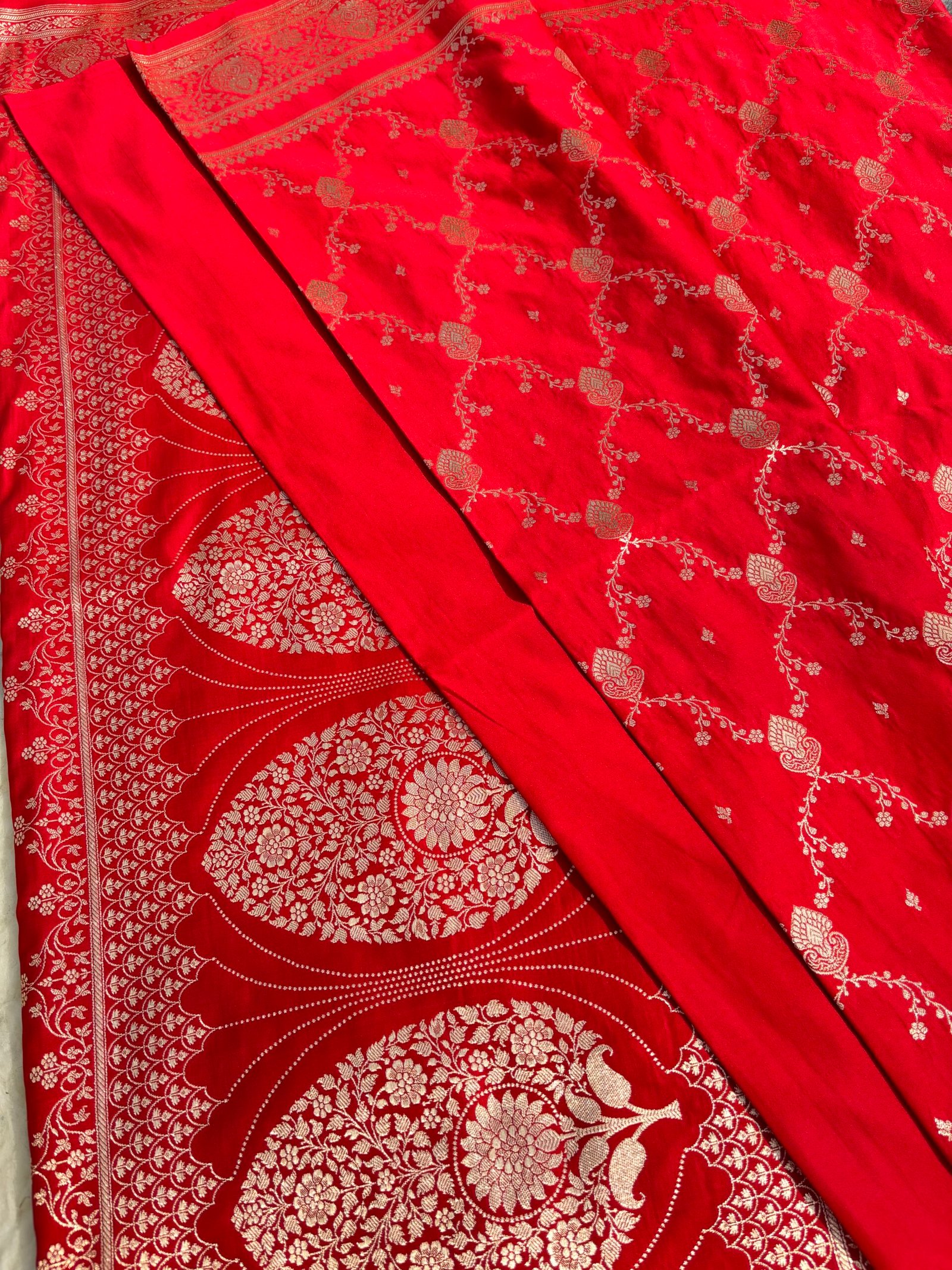 Blood Red Banarasi Satin Silk Saree-Front View