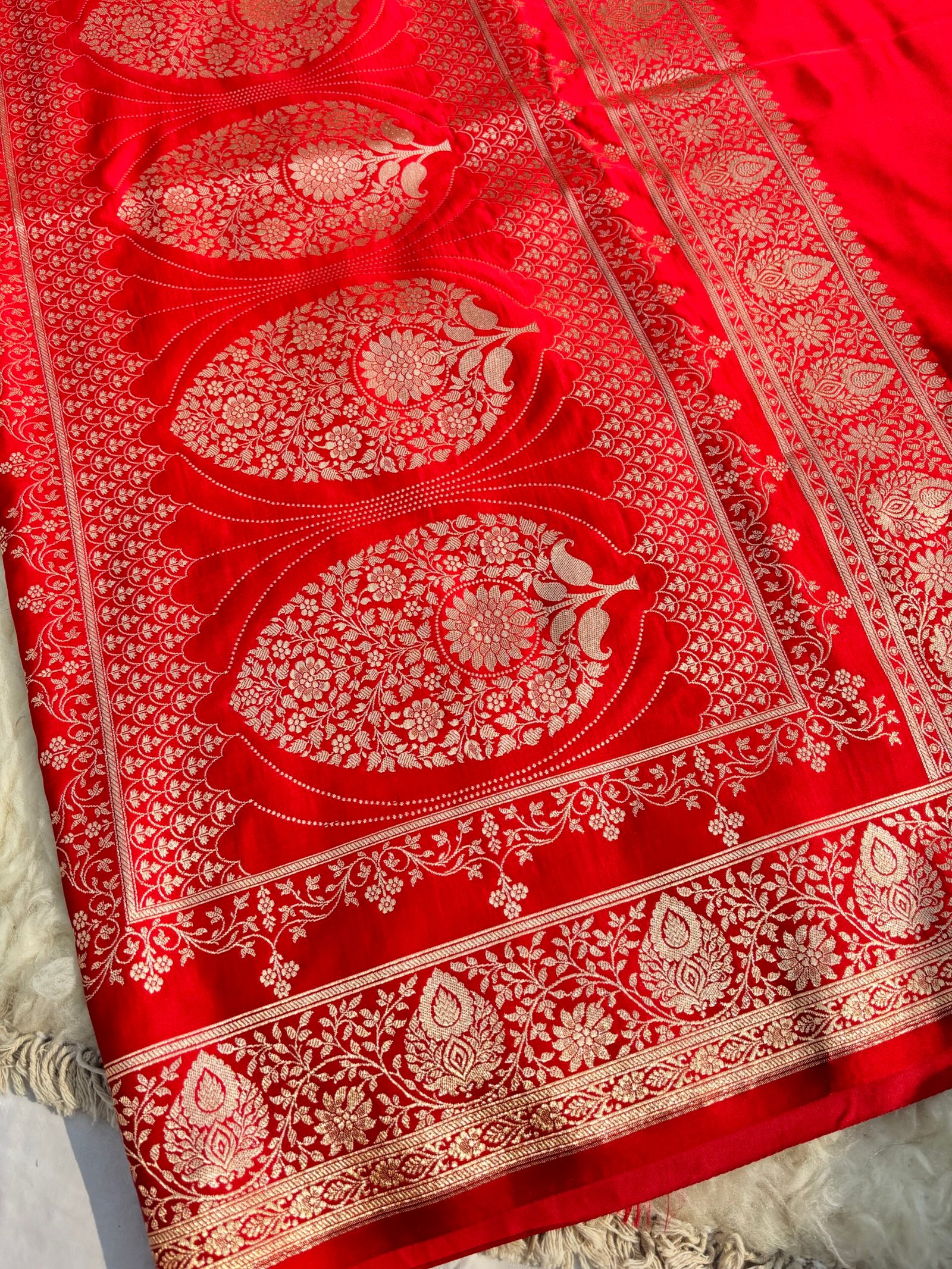 Blood Red Banarasi Satin Silk Saree-Pallu Detail