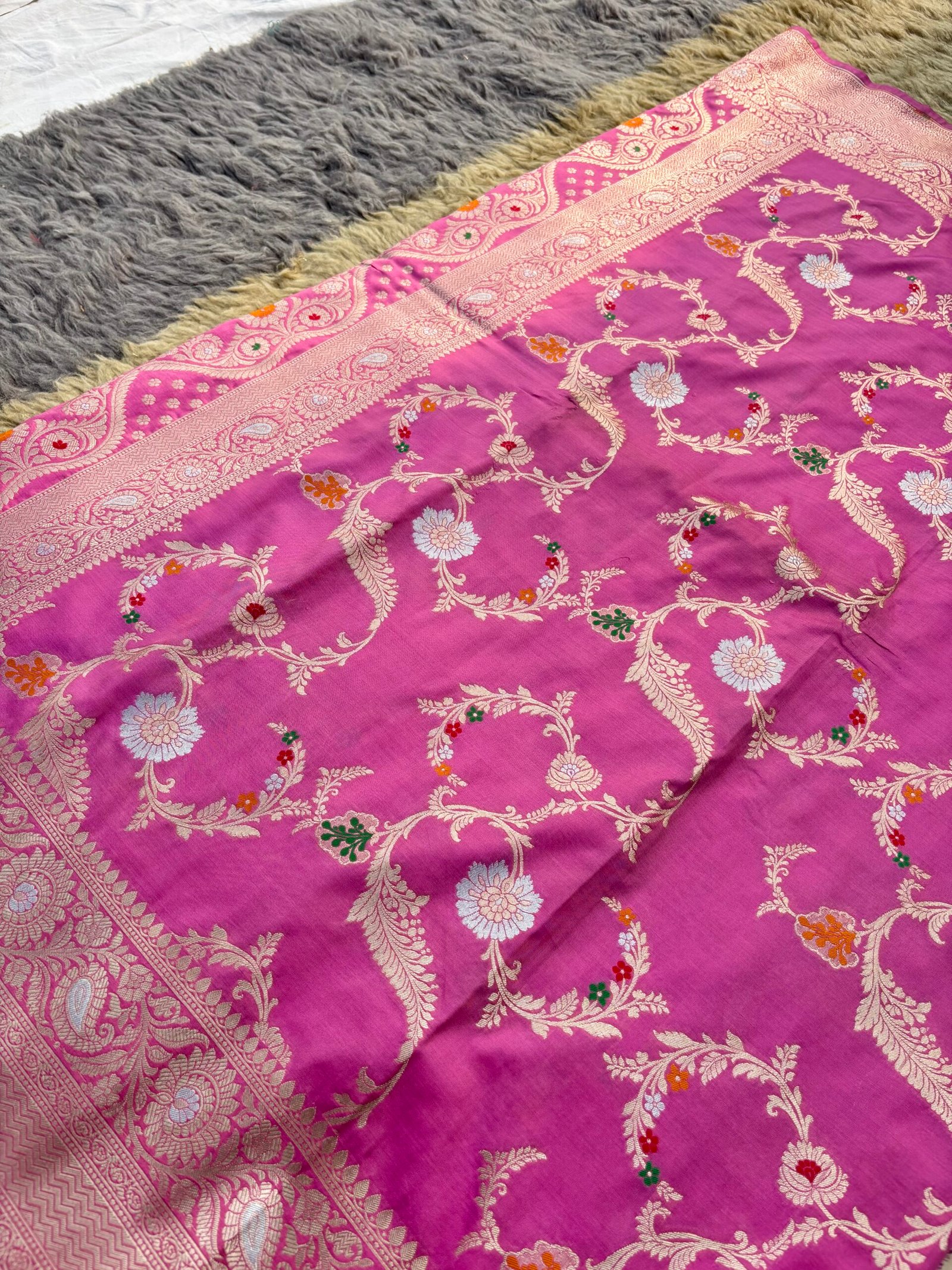 Blush Pink Minakari Jaal Uppada Katan Silk Banarasi Saree-Front View