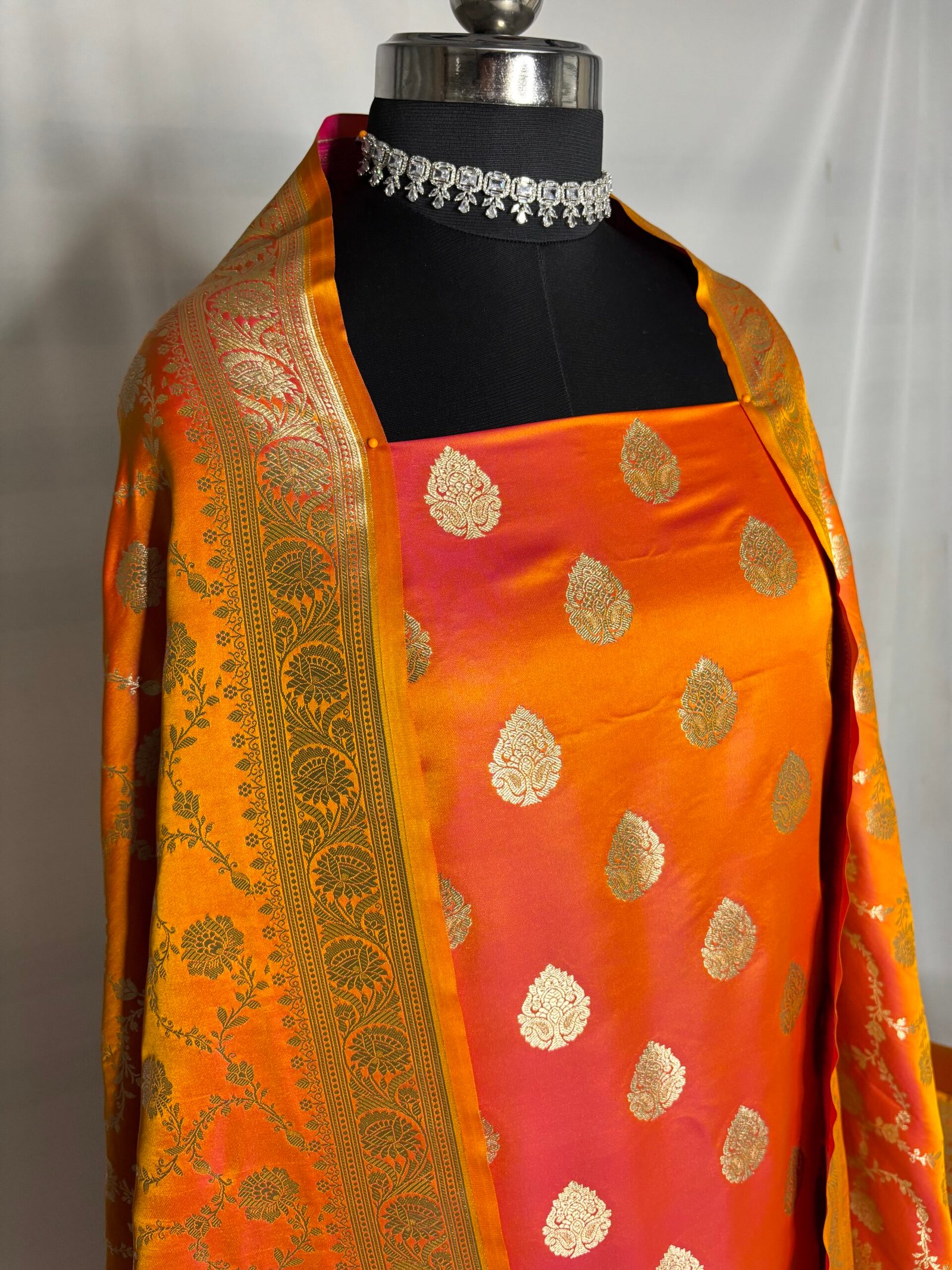 Burnt Orange Mashru Silk Banarasi Suit-Fabric and Buti Detail
