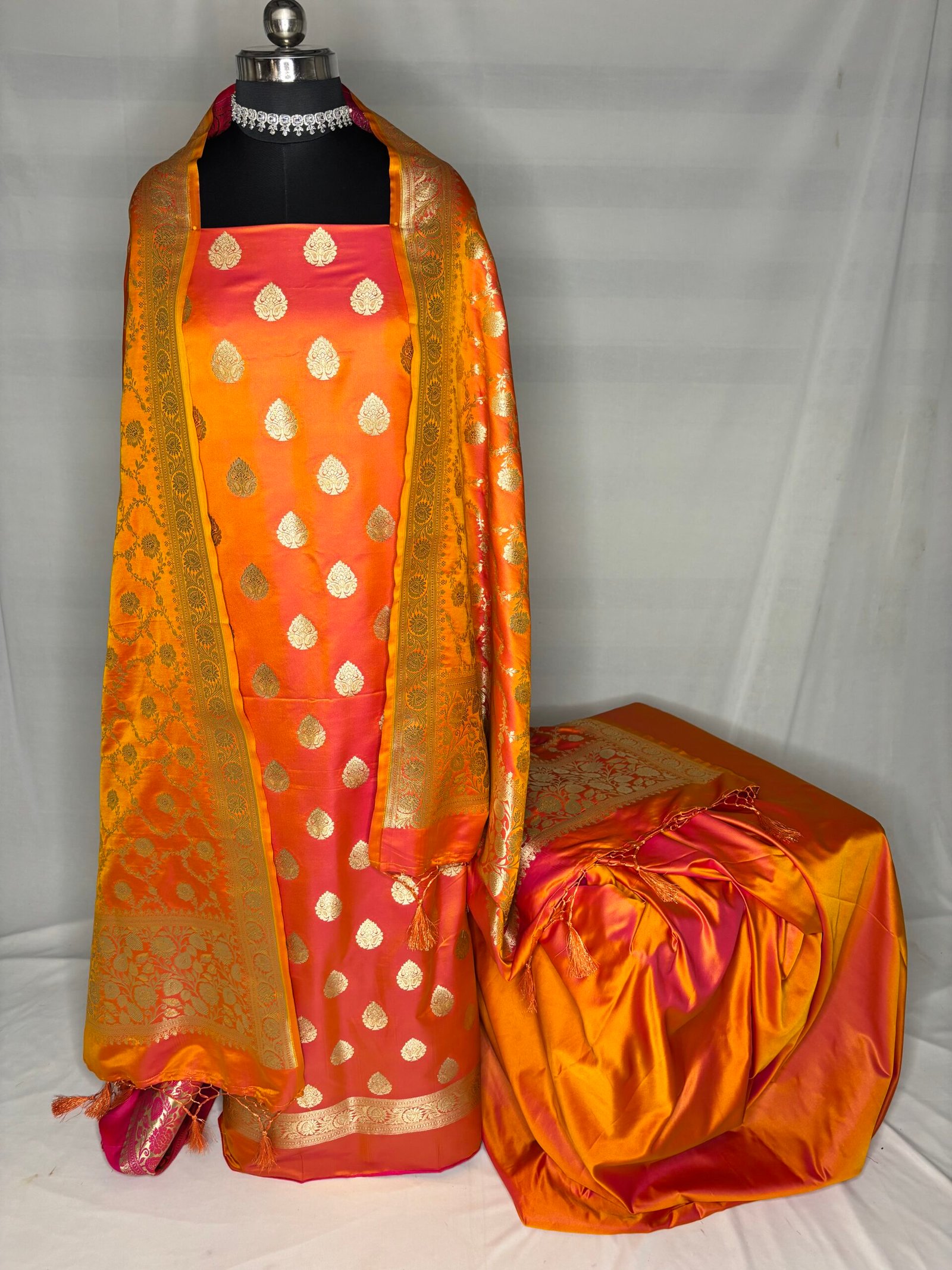 Burnt Orange Mashru Silk Banarasi Suit-Front View