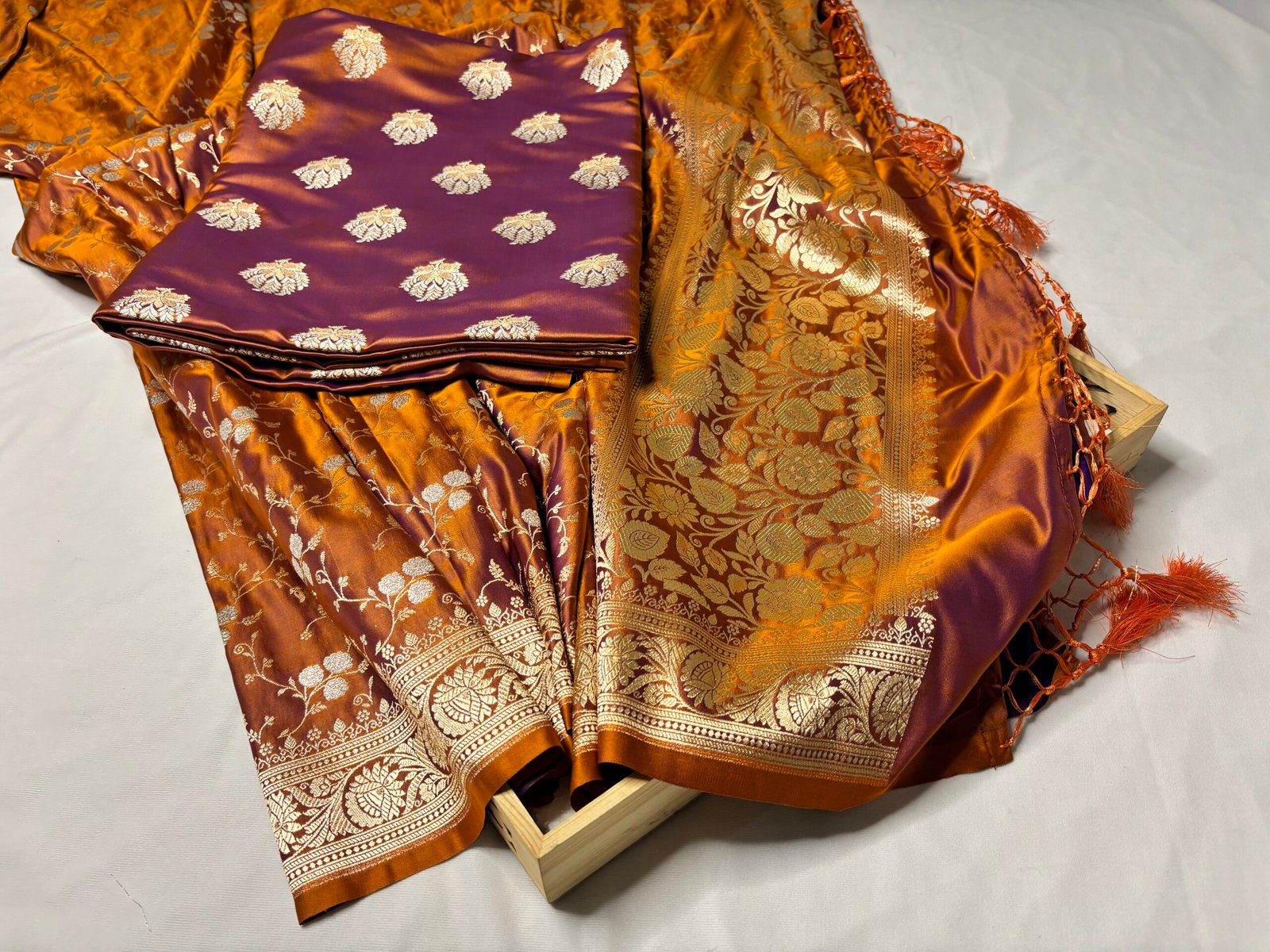 Burnt Orange Mashru Silk Banarasi Suit with Rupa Meena Zari-Design and Border Detail