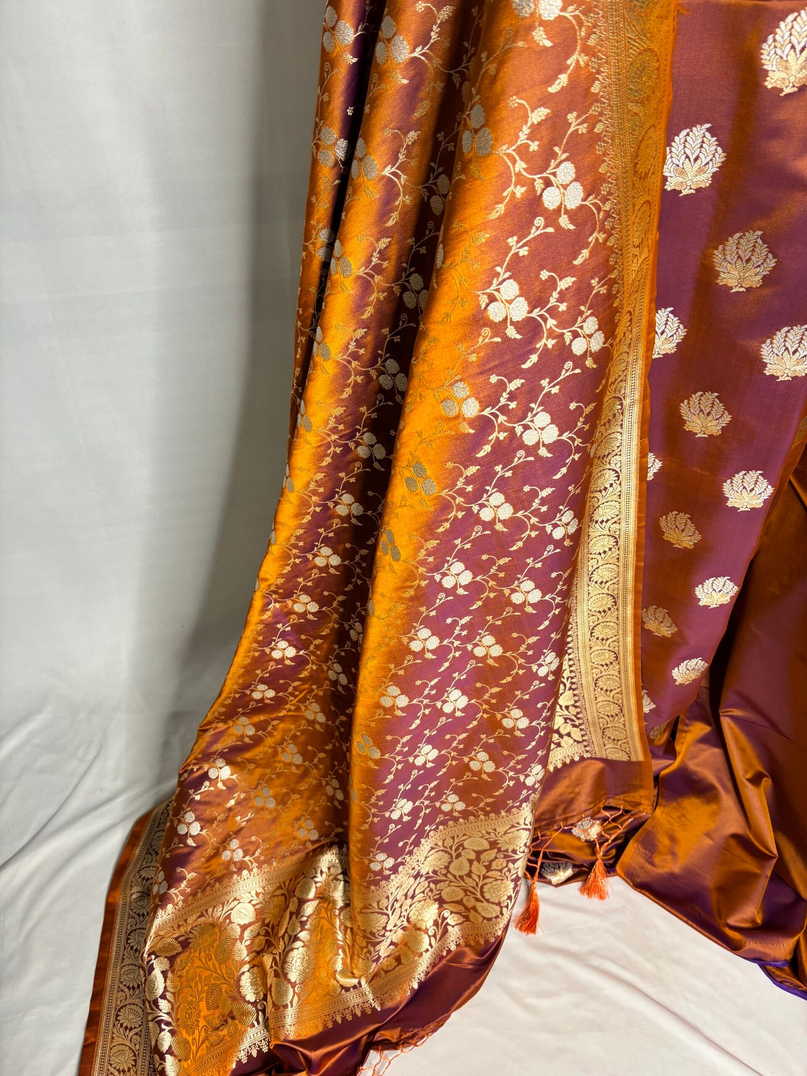 Burnt Orange Mashru Silk Banarasi Suit with Rupa Meena Zari-Dupatta Detail