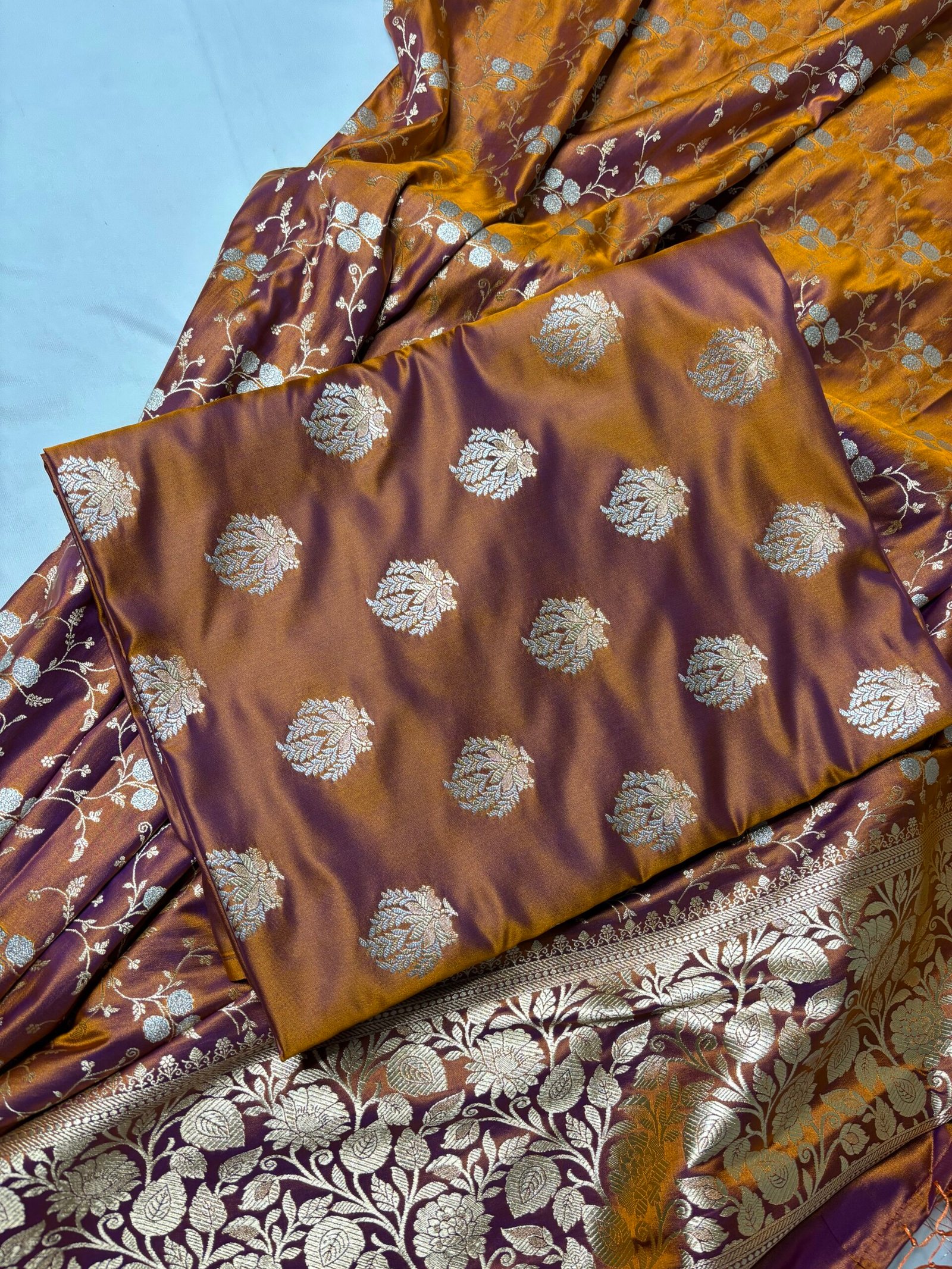 Burnt Orange Mashru Silk Banarasi Suit with Rupa Meena Zari-Fabric&Buti Detail