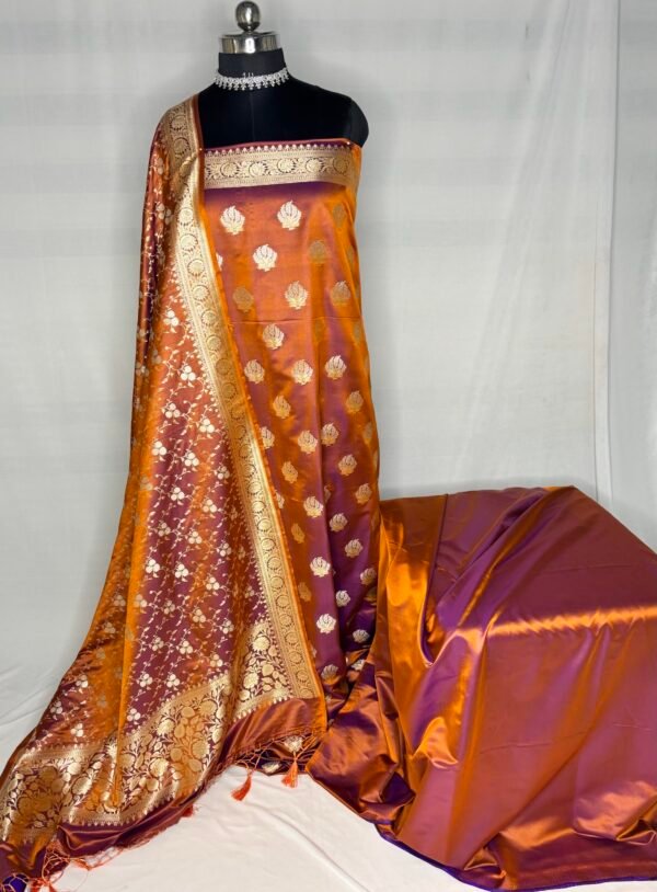 Burnt Orange Mashru Silk Banarasi Suit with Rupa Meena Zari-Front View