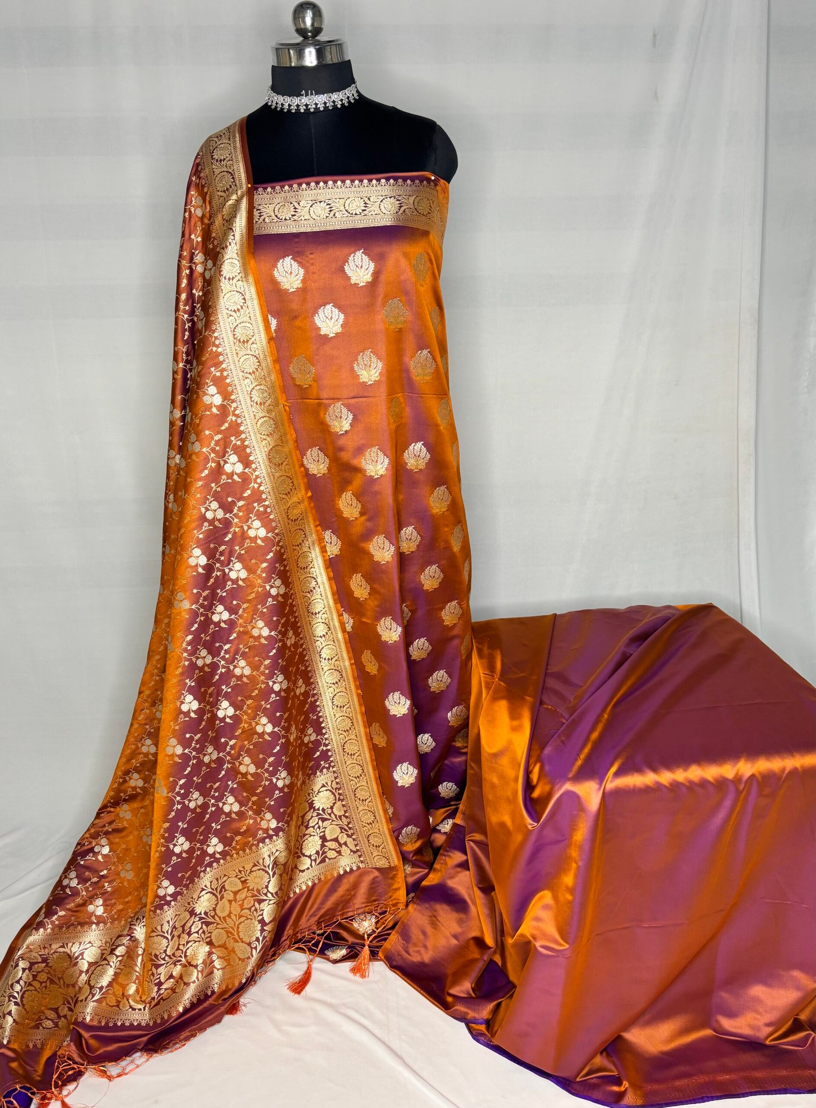 Burnt Orange Mashru Silk Banarasi Suit with Rupa Meena Zari-Front View
