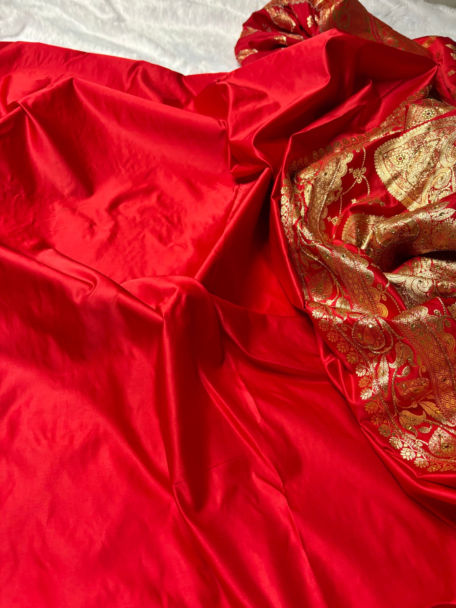 Cherry Red Banarasi Satin Katan Silk Saree with Ari Zardozi Work-Blouse
