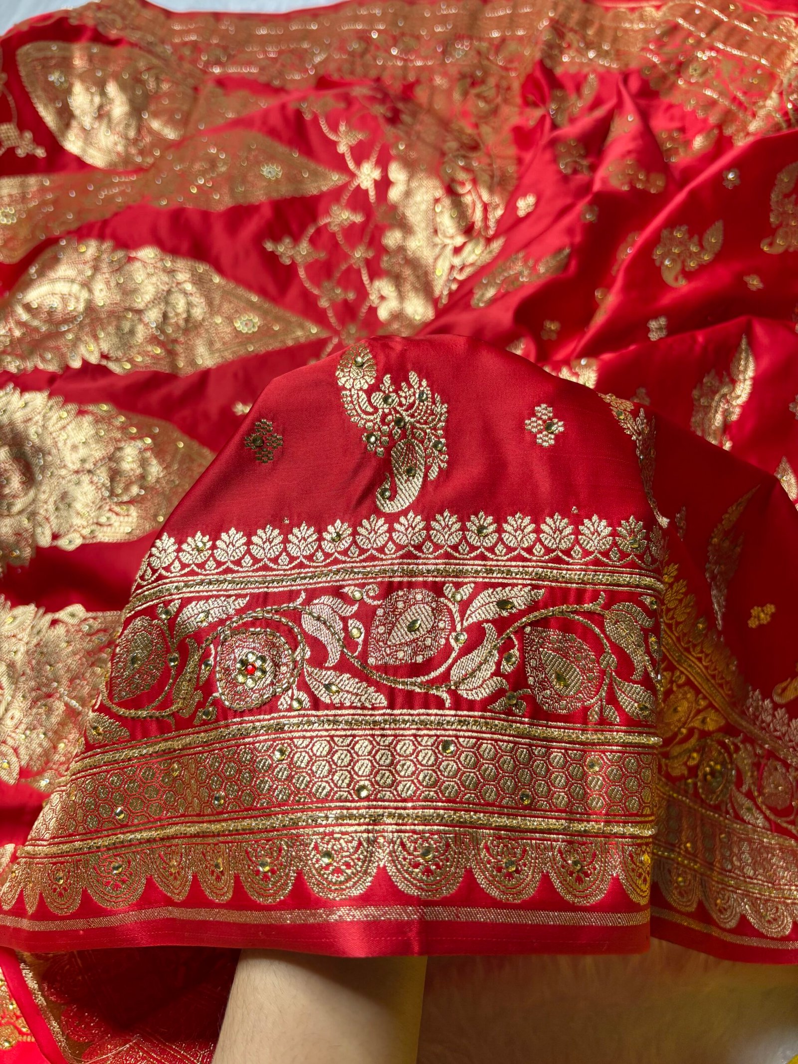 Cherry Red Banarasi Satin Katan Silk Saree with Ari Zardozi Work-Border