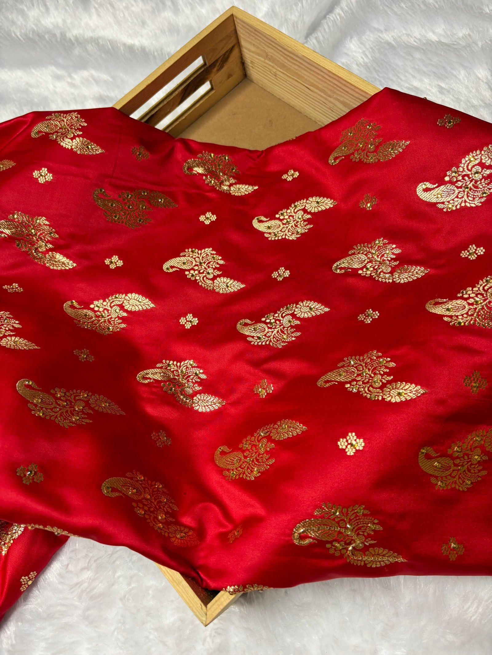 Cherry Red Banarasi Satin Katan Silk Saree with Ari Zardozi Work-Fabric Detail