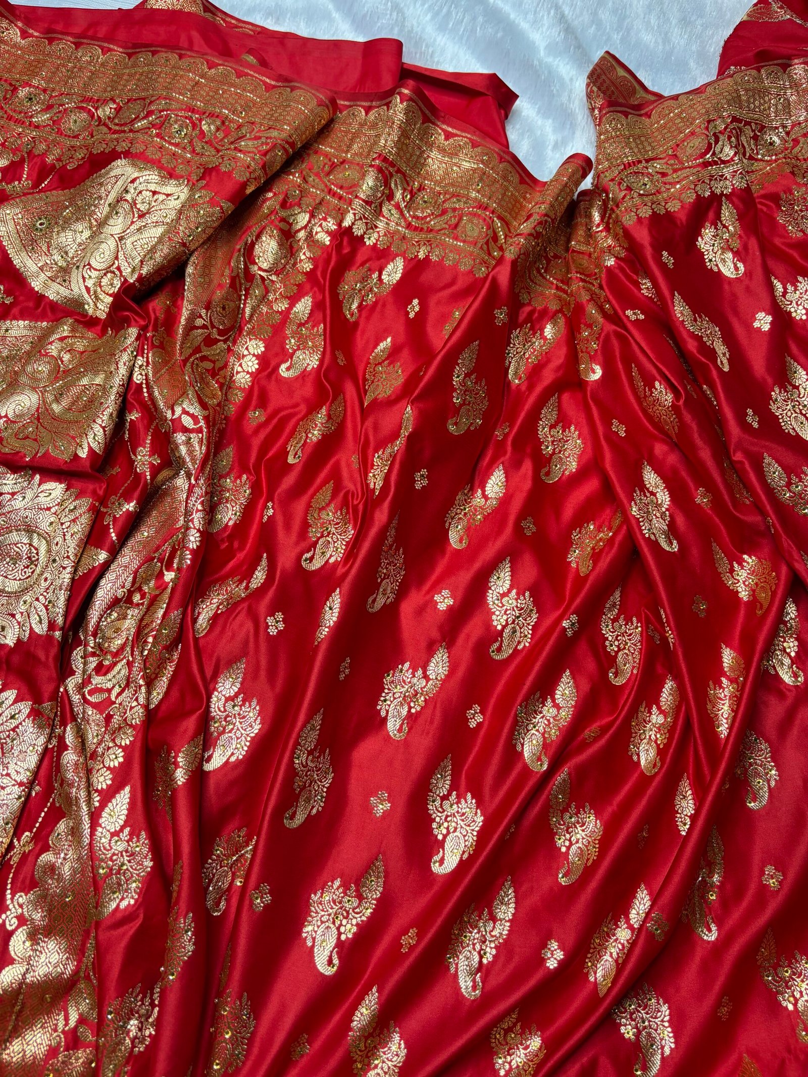 Cherry Red Banarasi Satin Katan Silk Saree with Ari Zardozi Work-Front View