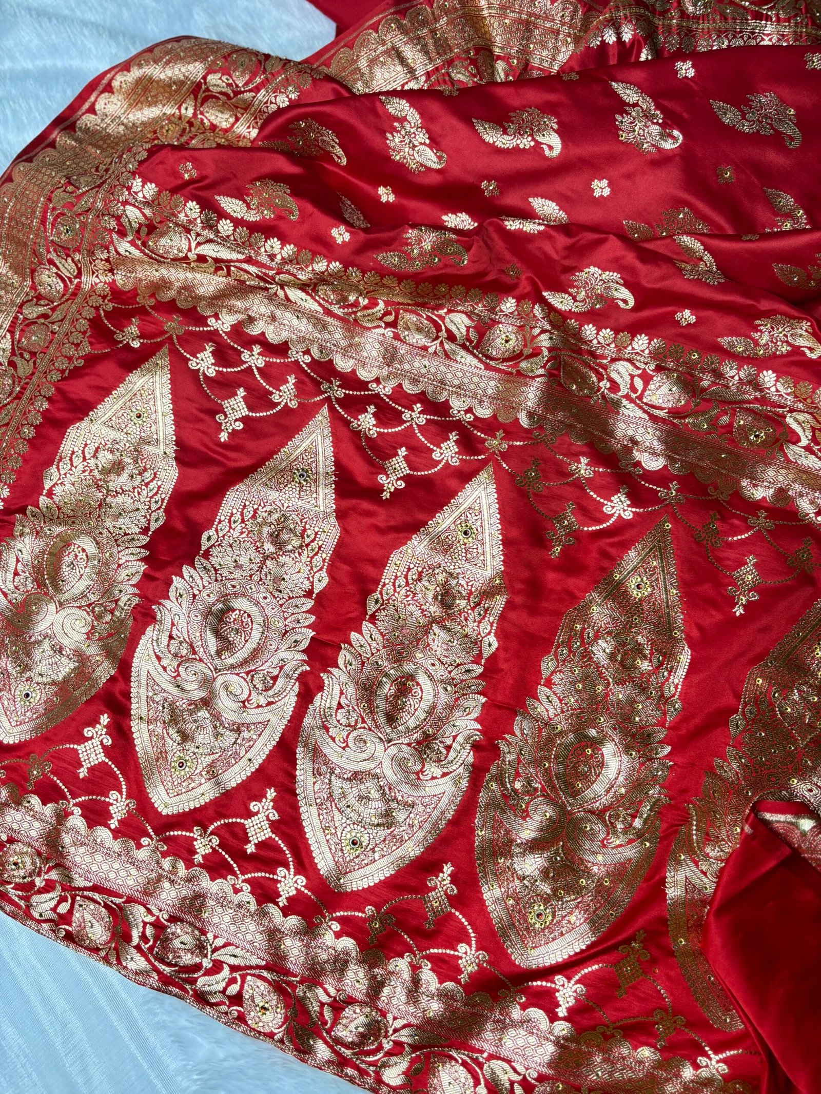 Cherry Red Banarasi Satin Katan Silk Saree with Ari Zardozi Work-Pallu