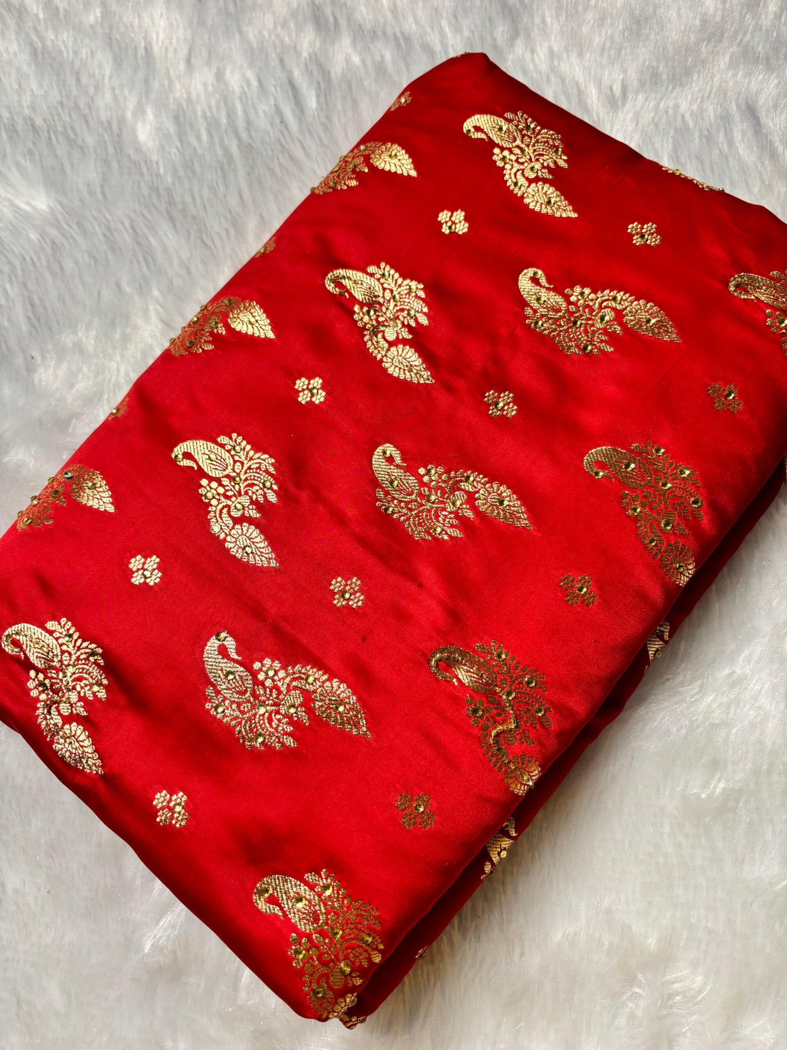Cherry Red Banarasi Satin Katan Silk Saree with Ari Zardozi Work