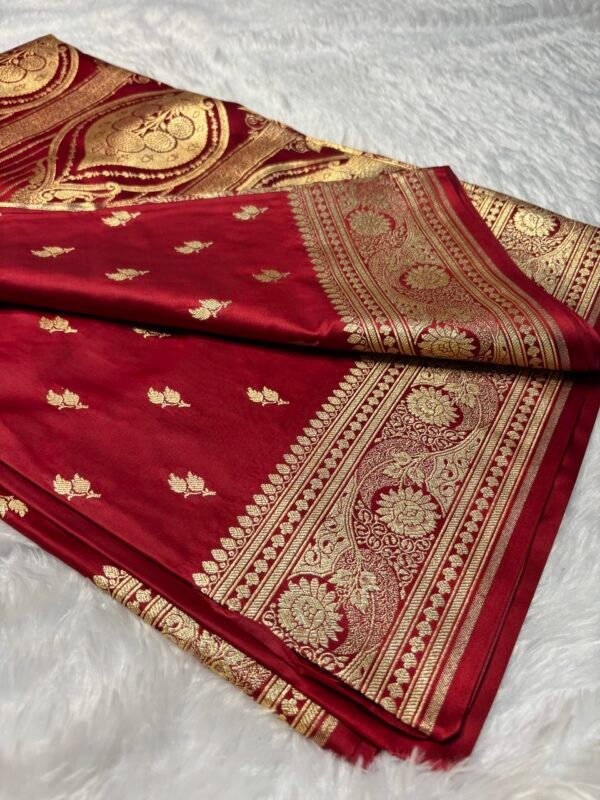 Deep Maroon Banarasi Booti Pattern Satin Katan Silk Saree