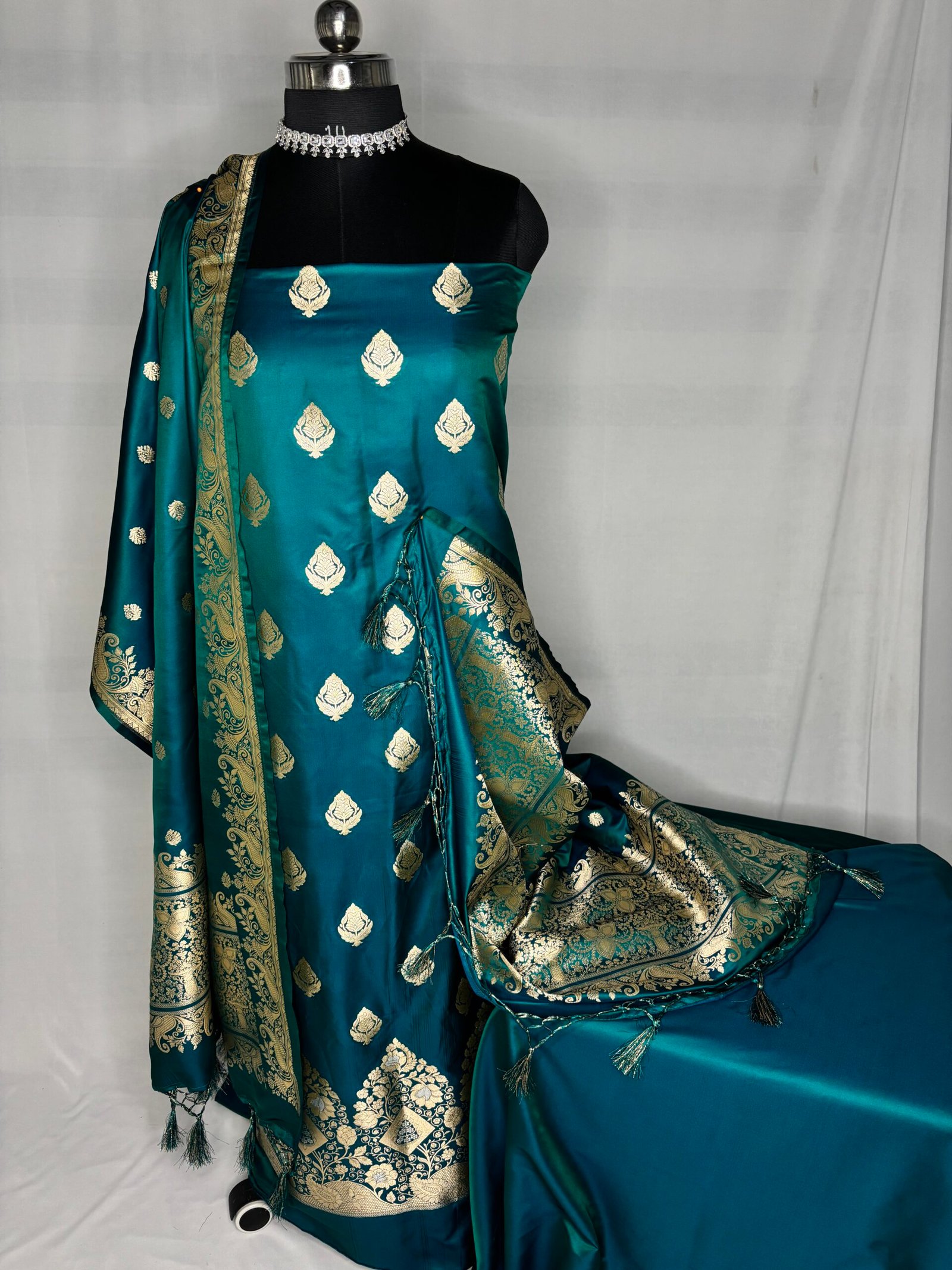 Deep Teal Blue Mashru Silk Banarasi Suit-Front View