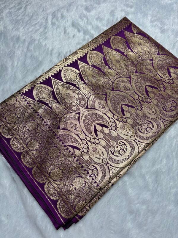 Deep Violet Floral Jaal Banarasi Satin Katan Saree-Fabric Close-Up