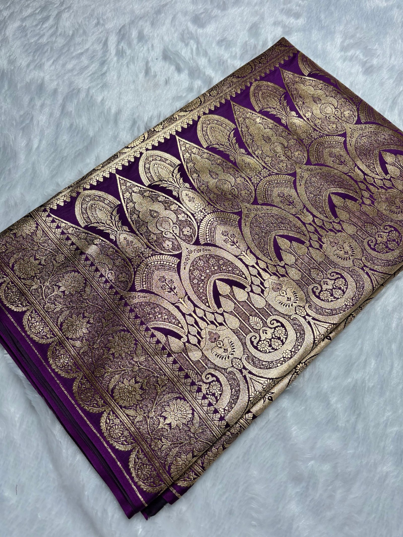 Deep Violet Floral Jaal Banarasi Satin Katan Saree-Fabric Close-Up