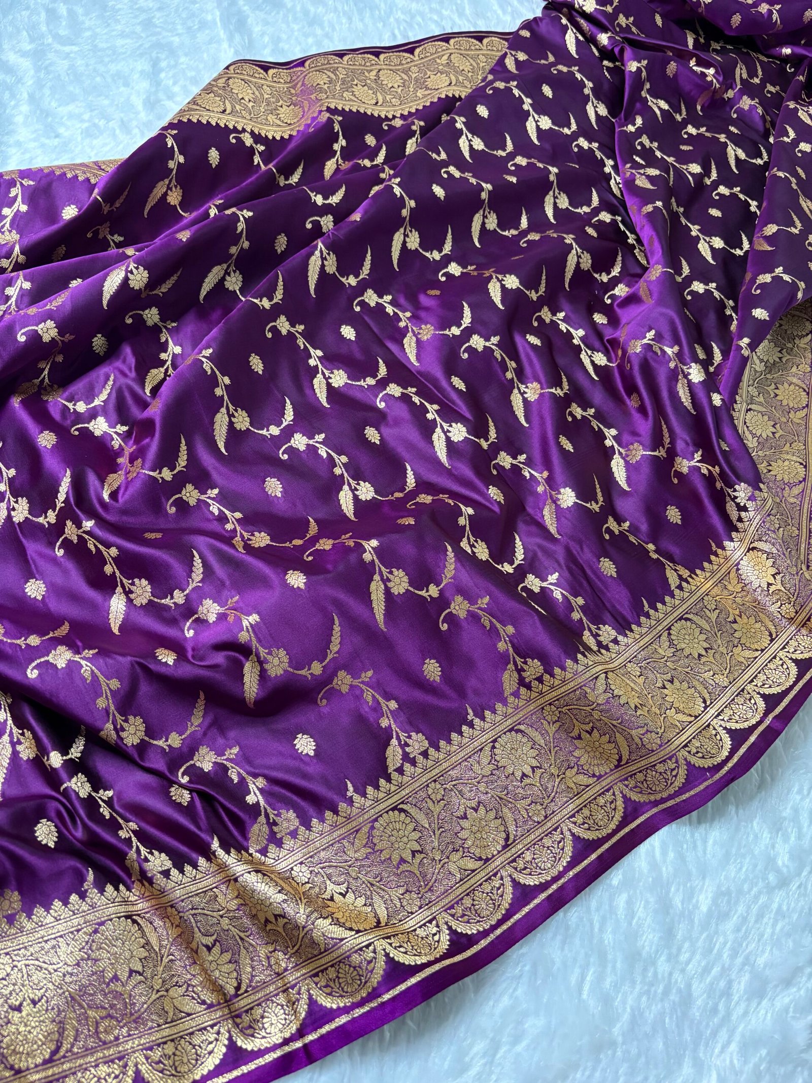 Deep Violet Floral Jaal Banarasi Satin Katan Saree-Front View