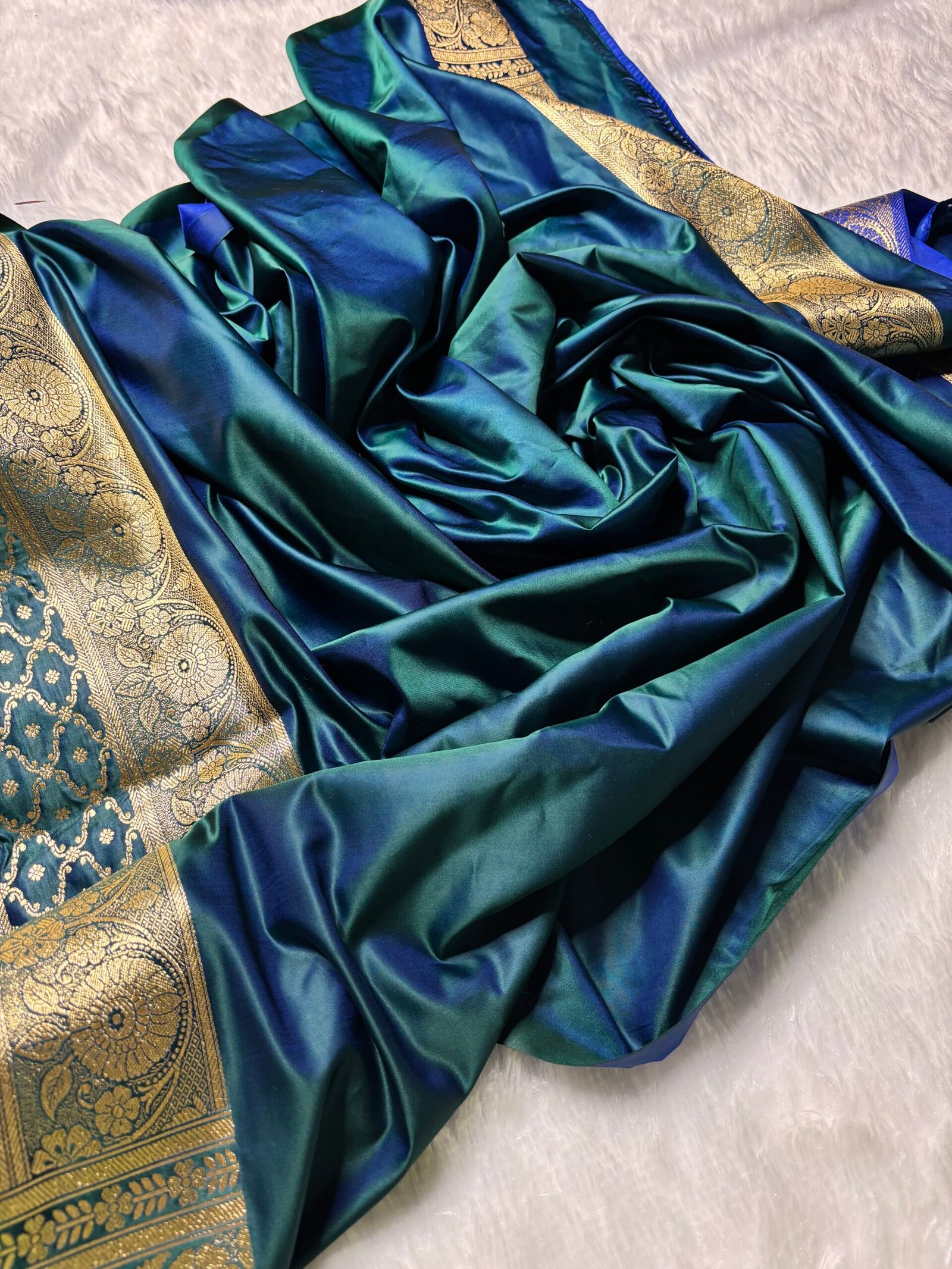 German Blue Banarasi Booti Pattern Satin Silk Saree-Blouse