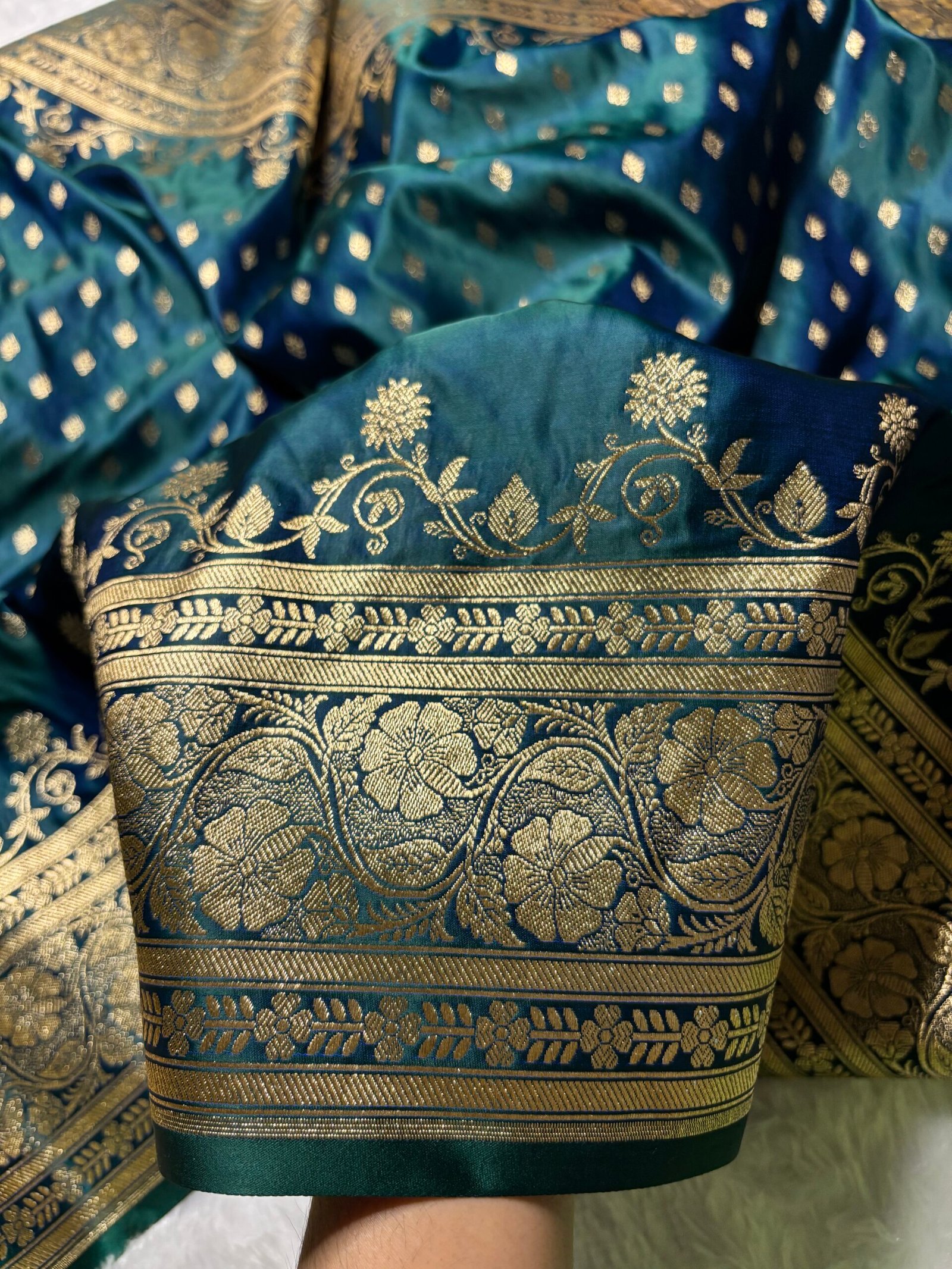 German Blue Banarasi Booti Pattern Satin Silk Saree-Border