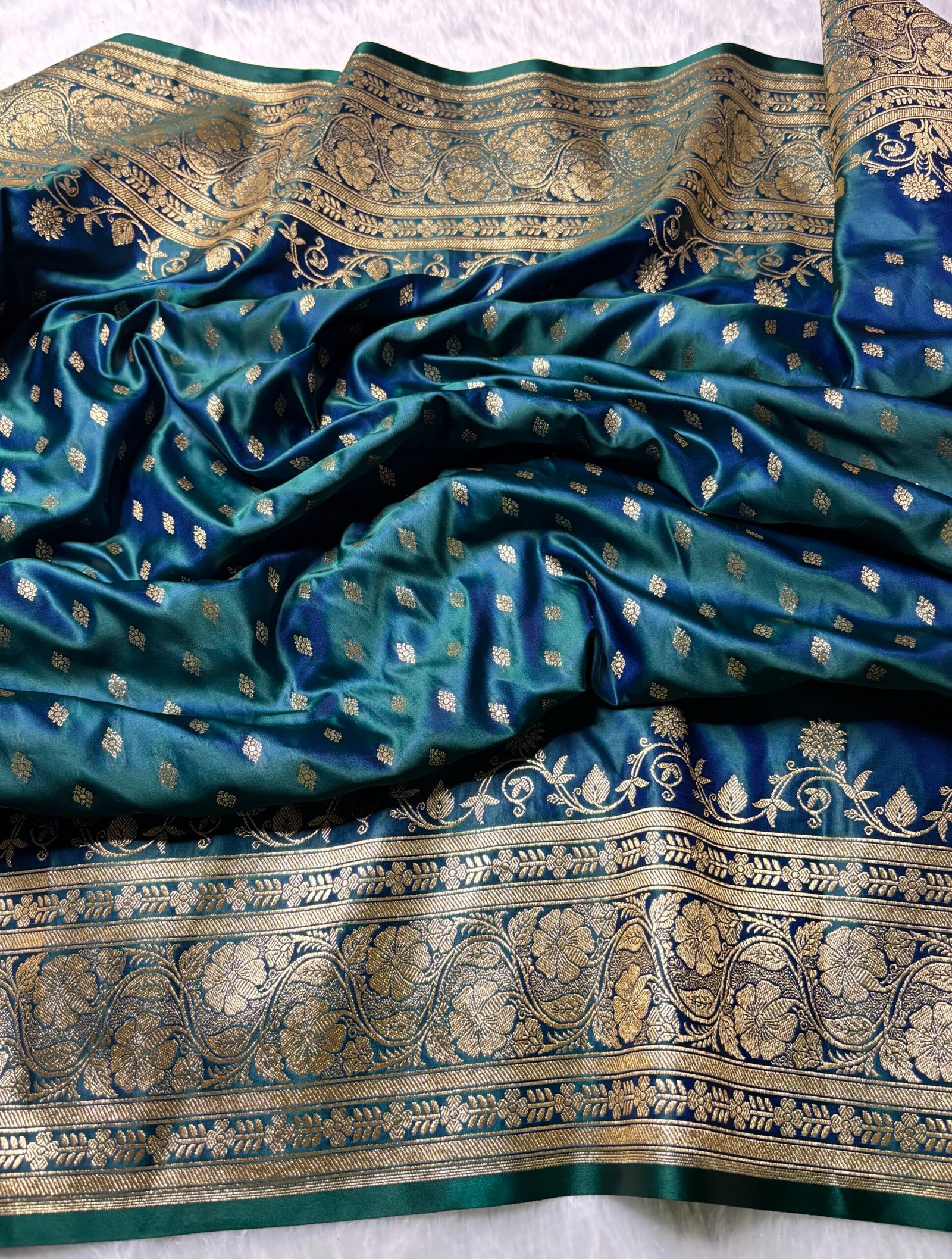 German Blue Banarasi Booti Pattern Satin Silk Saree-Fabric Detail