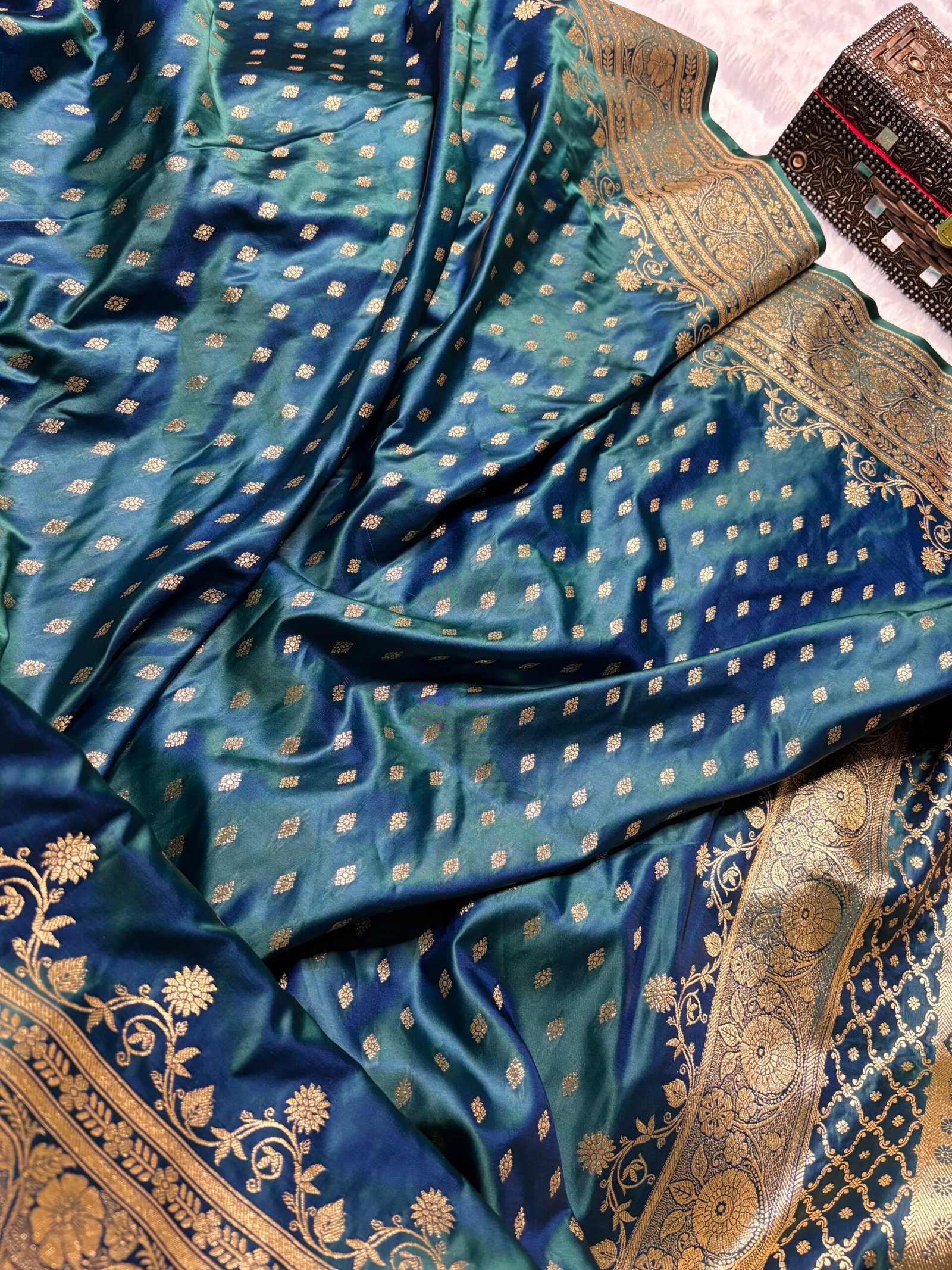German Blue Banarasi Booti Pattern Satin Silk Saree-Front View