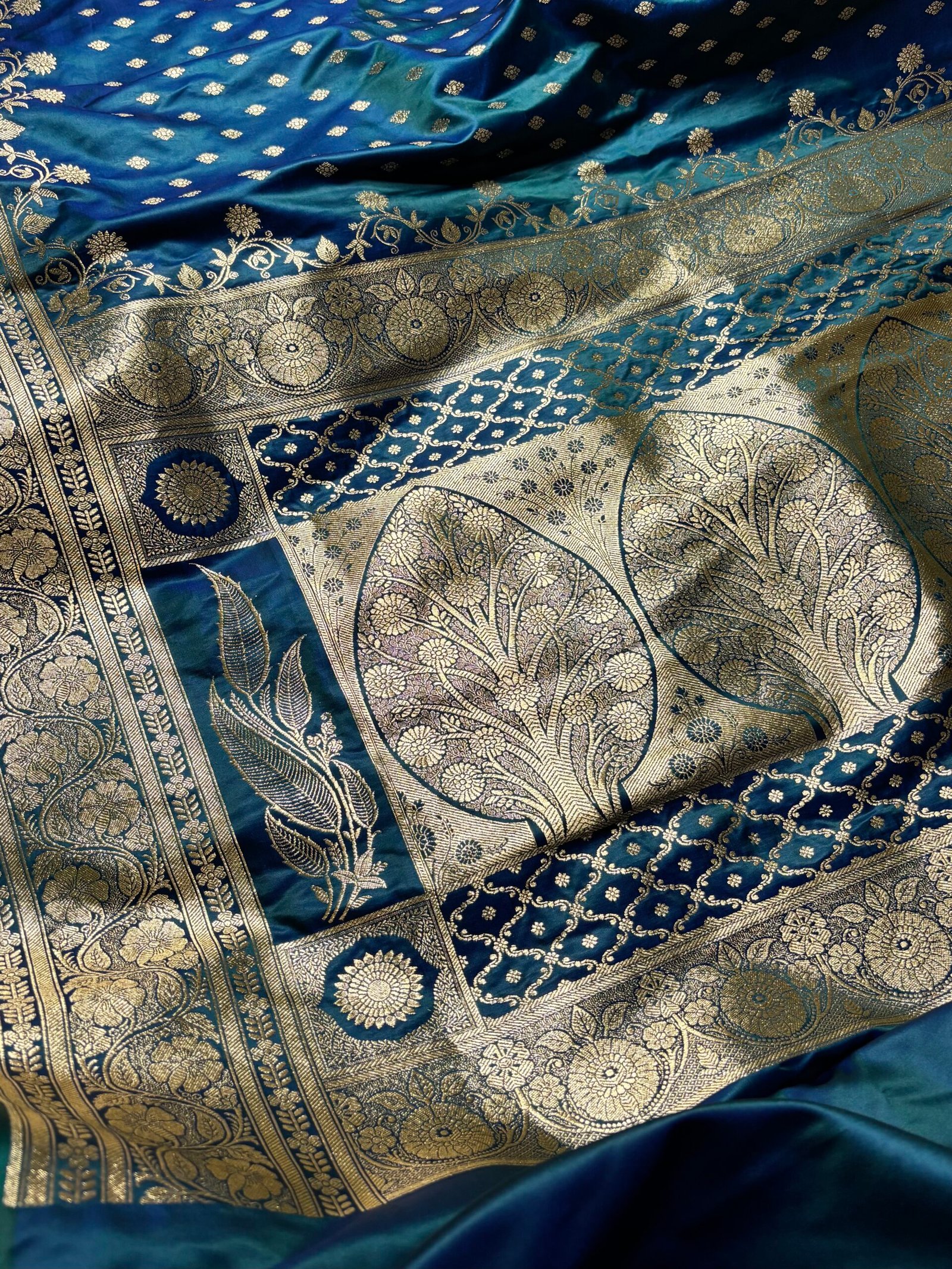 German Blue Banarasi Booti Pattern Satin Silk Saree-Pallu