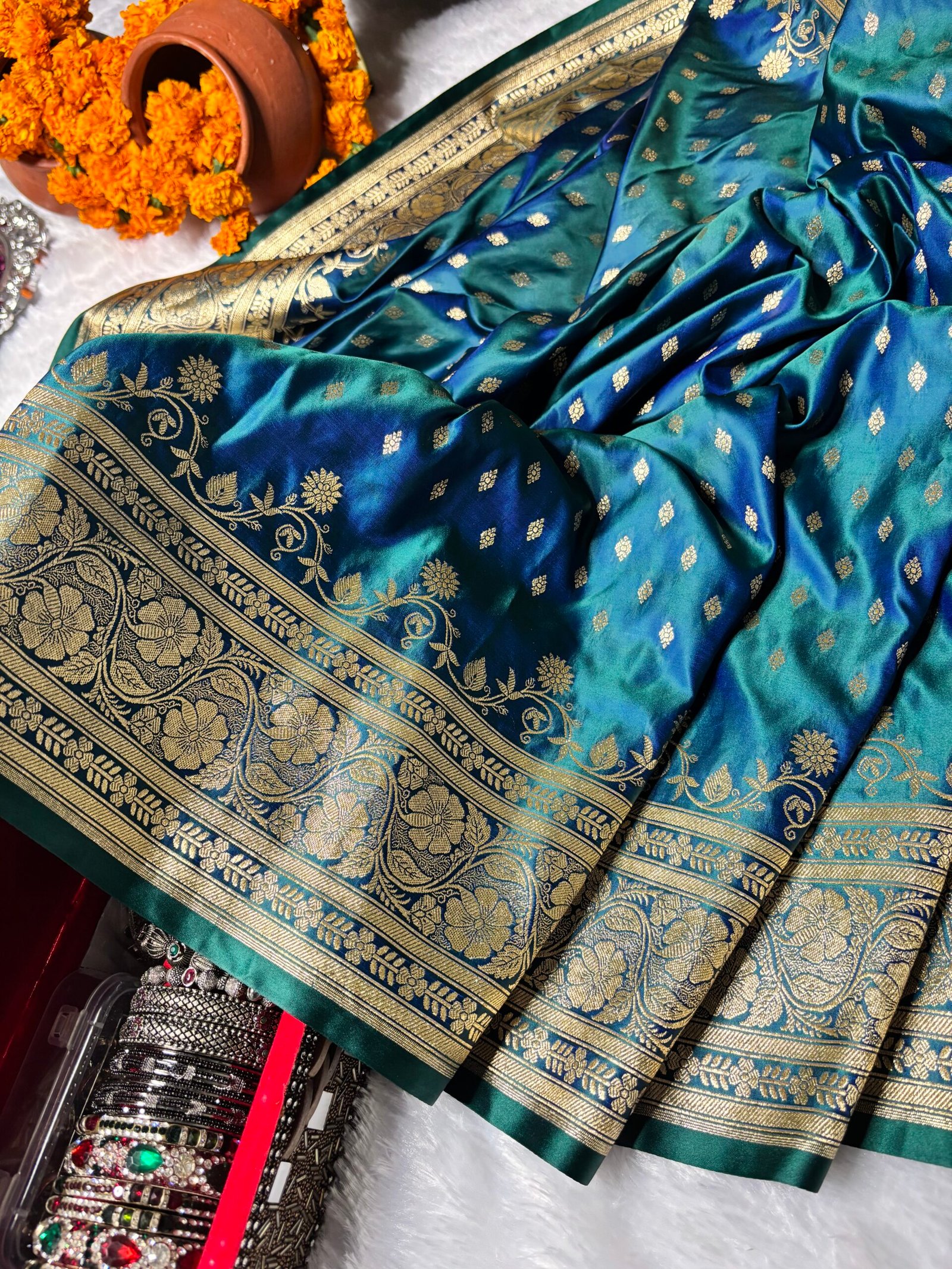 German Blue Banarasi Booti Pattern Satin Silk Saree
