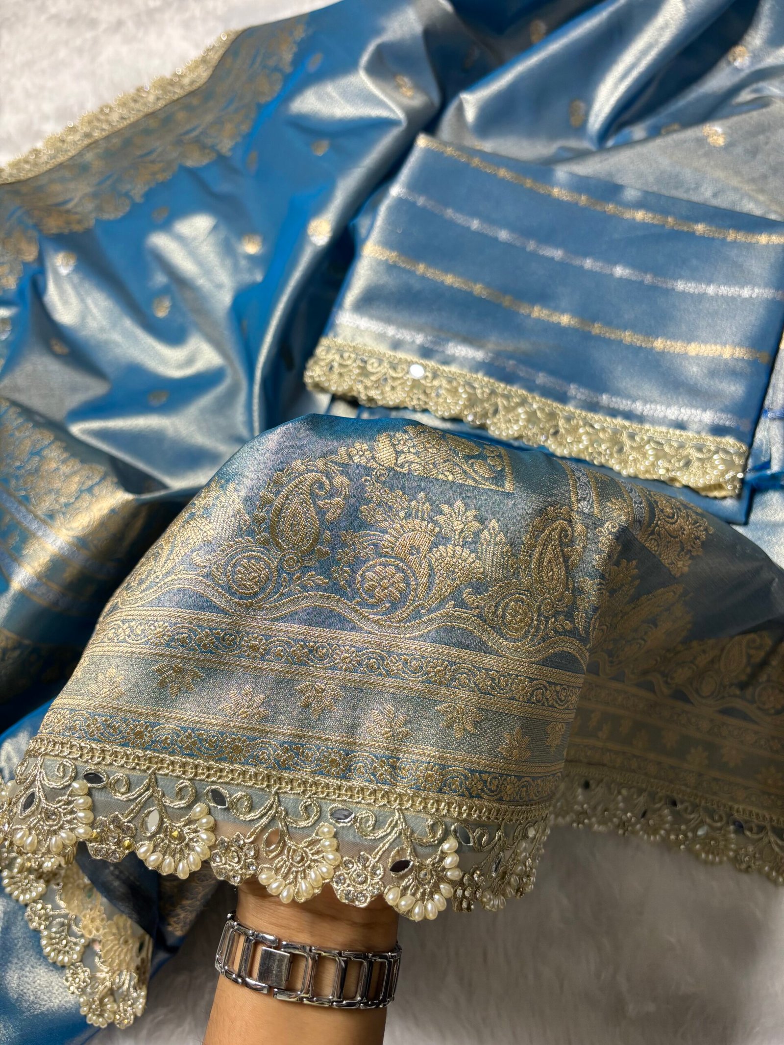 Light Blue Banarasi Soft Tissue Silk with Fancy Lace-Border Close-Up
