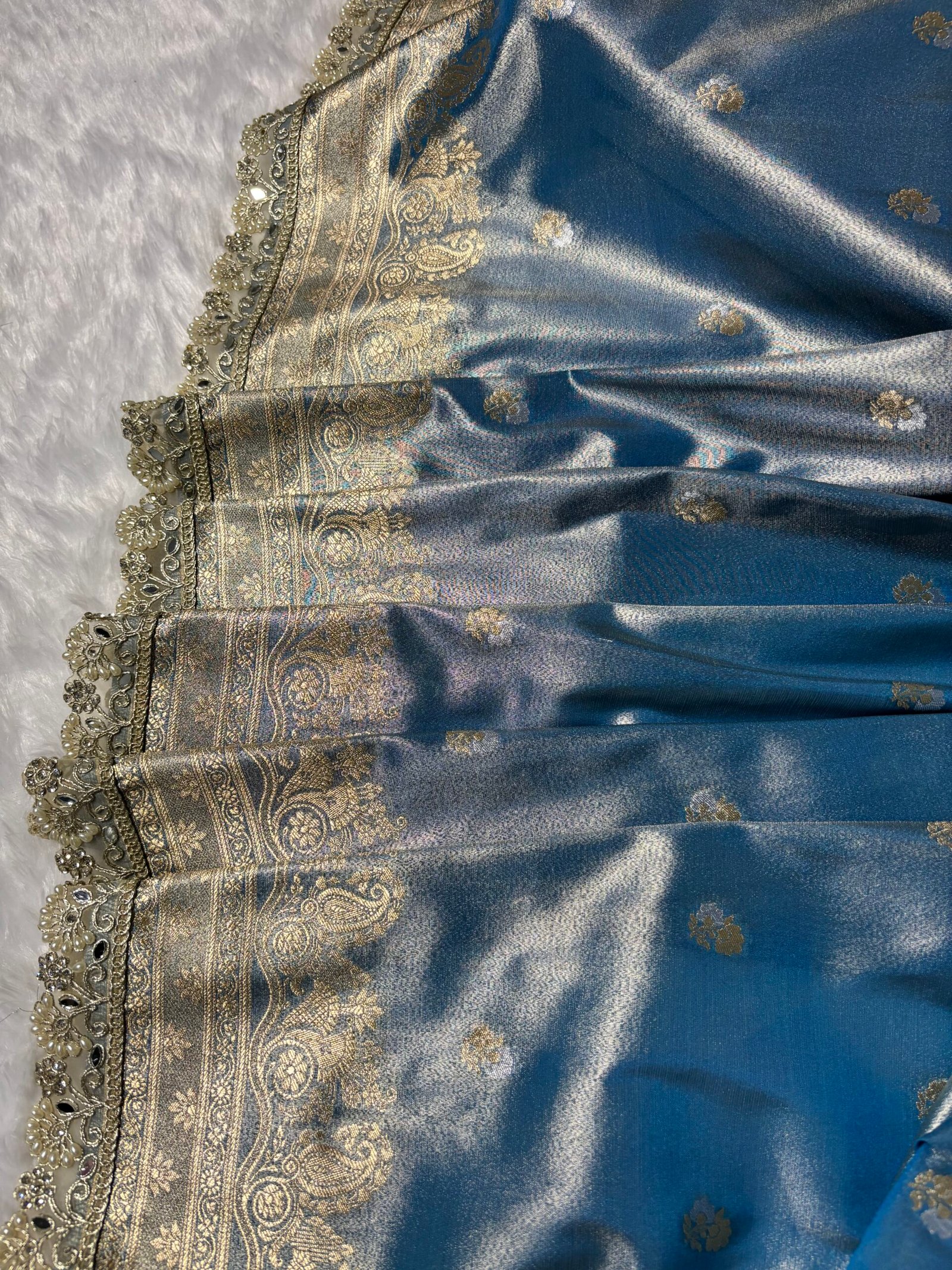 Light Blue Banarasi Soft Tissue Silk with Fancy Lace-Border Detail