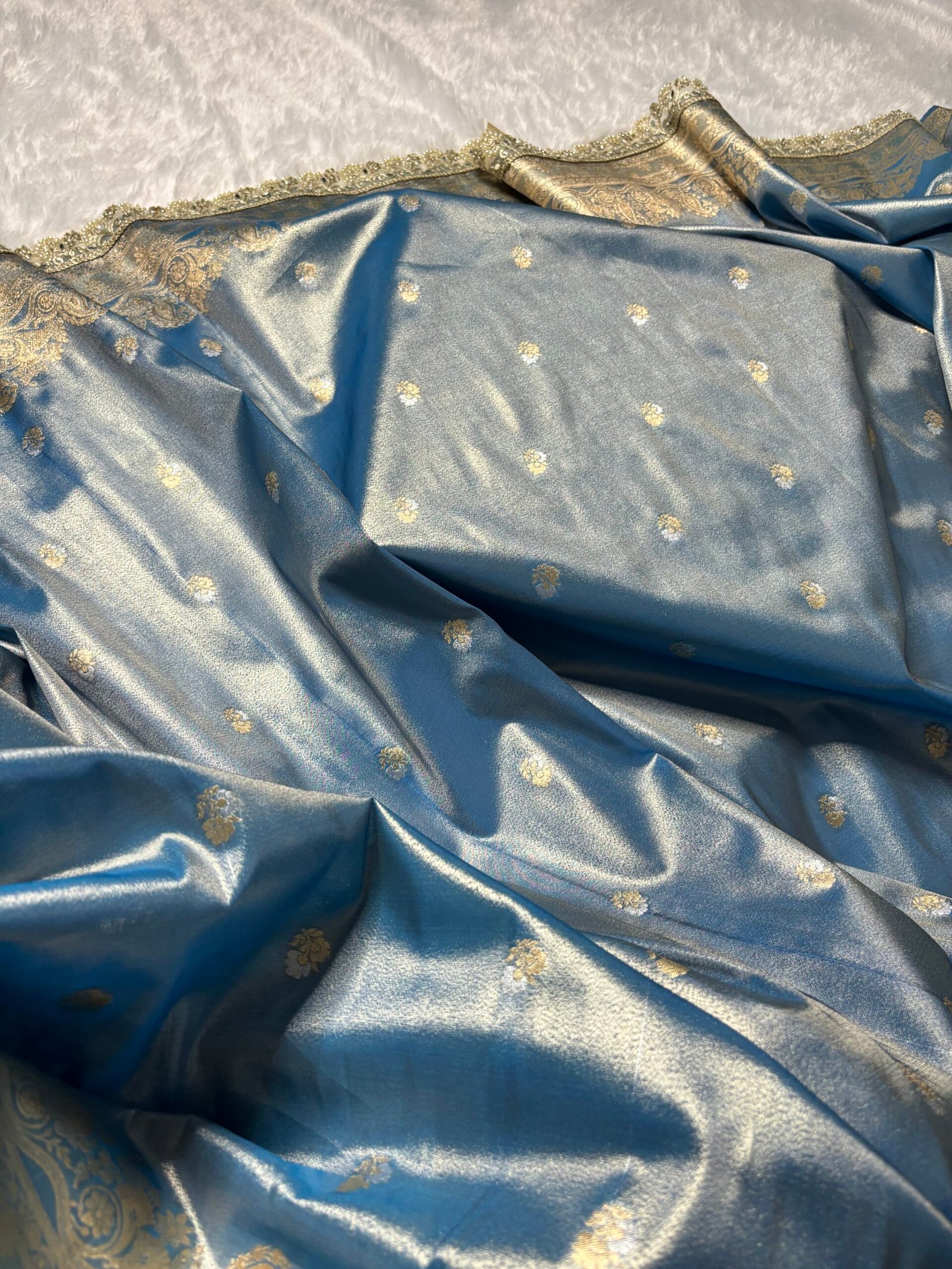 Light Blue Banarasi Soft Tissue Silk with Fancy Lace-Fabric & Buti Detail