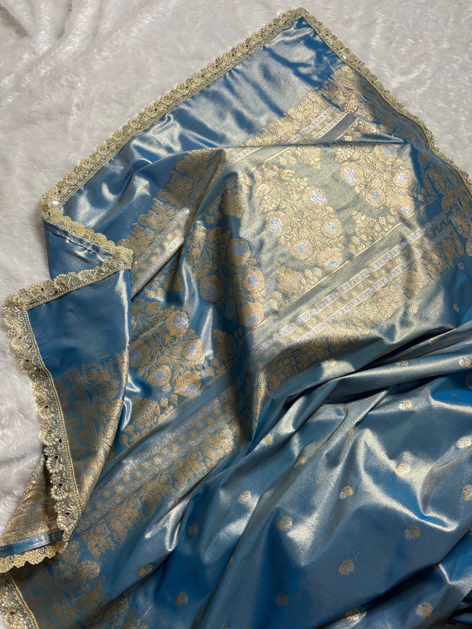 Light Blue Banarasi Soft Tissue Silk with Fancy Lace-Pallu Detail