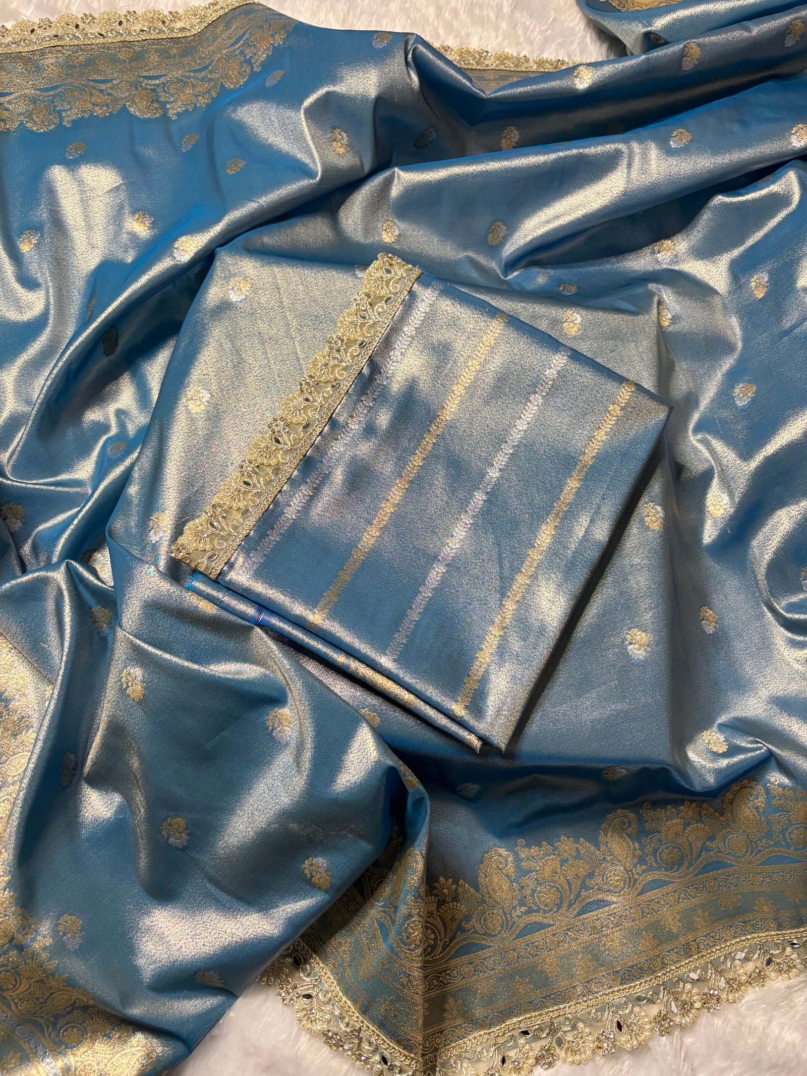Light Blue Banarasi Soft Tissue Silk with Fancy Lace