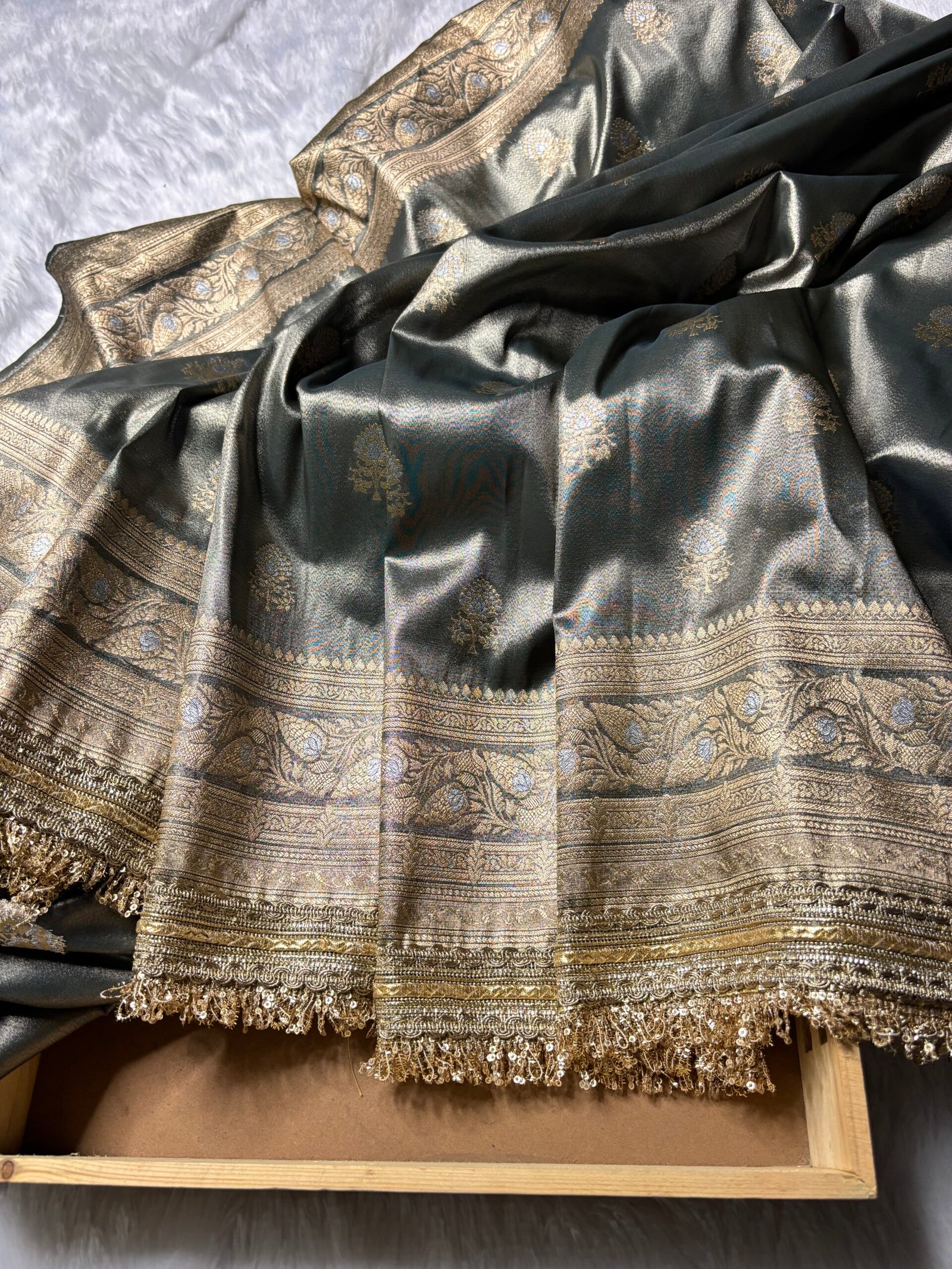 Light Grey Banarasi Tissue Silk With Fancy Lace-Border