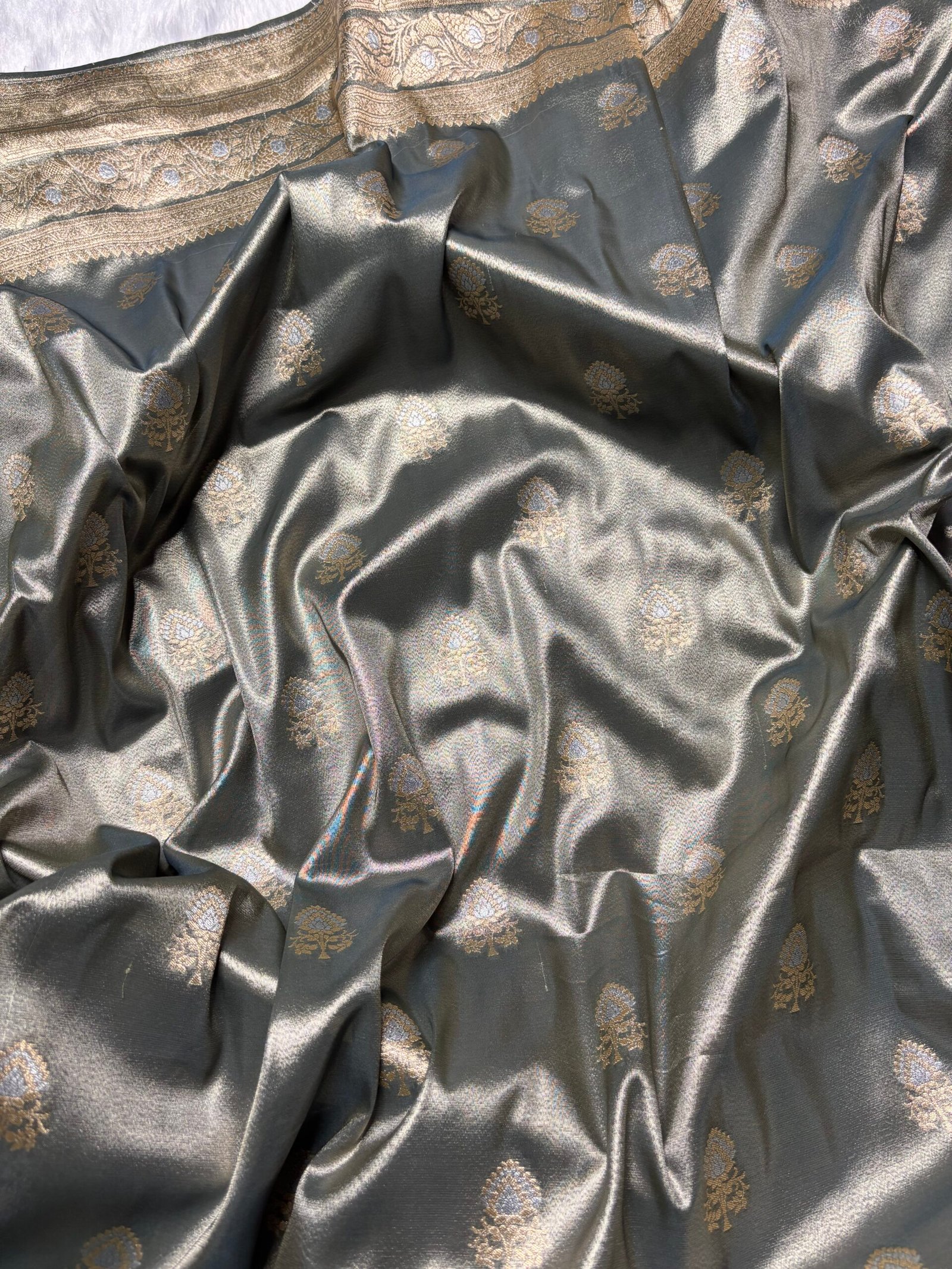 Light Grey Banarasi Tissue Silk With Fancy Lace-Buti Detail