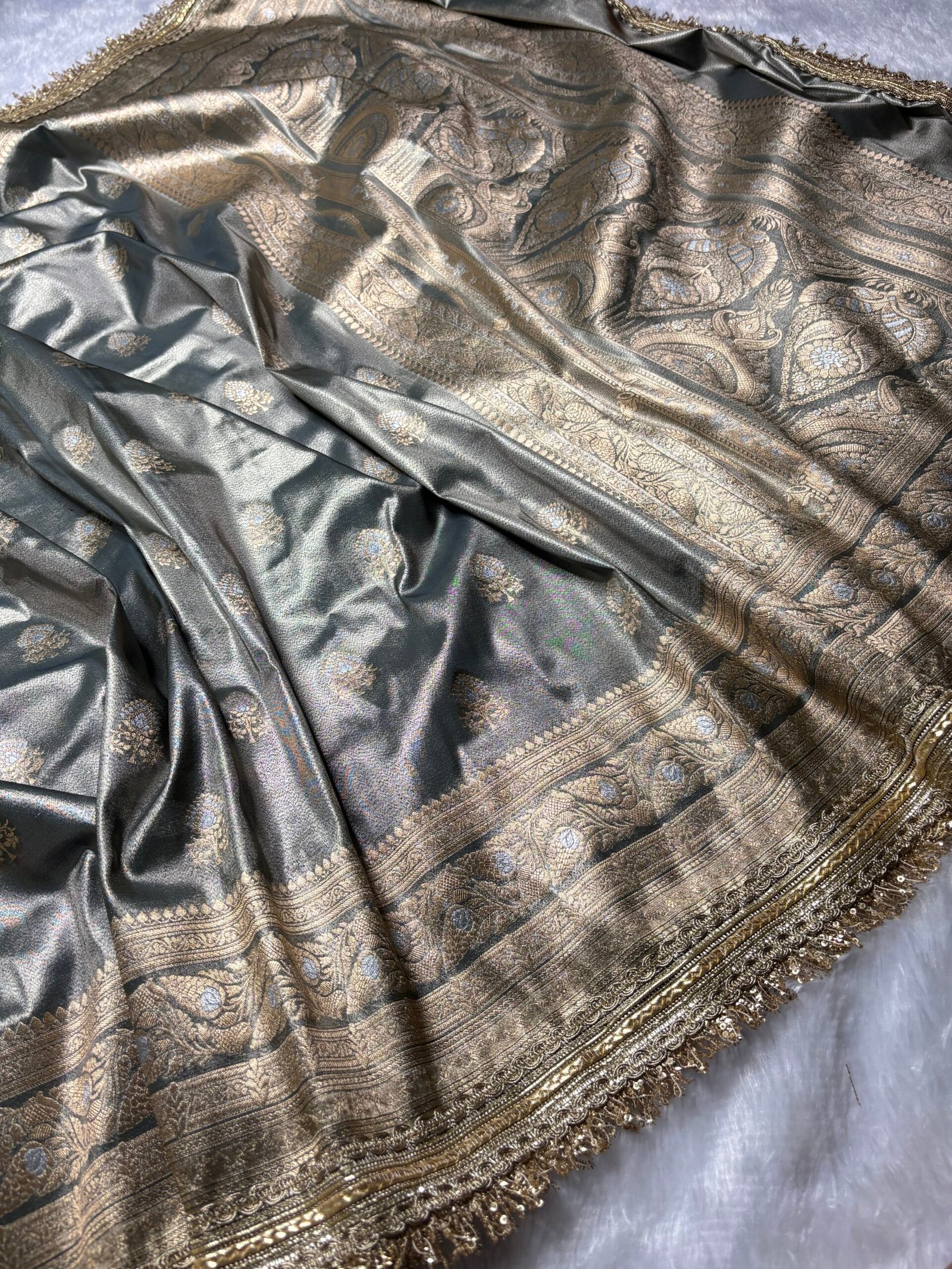 Light Grey Banarasi Tissue Silk With Fancy Lace-Front View