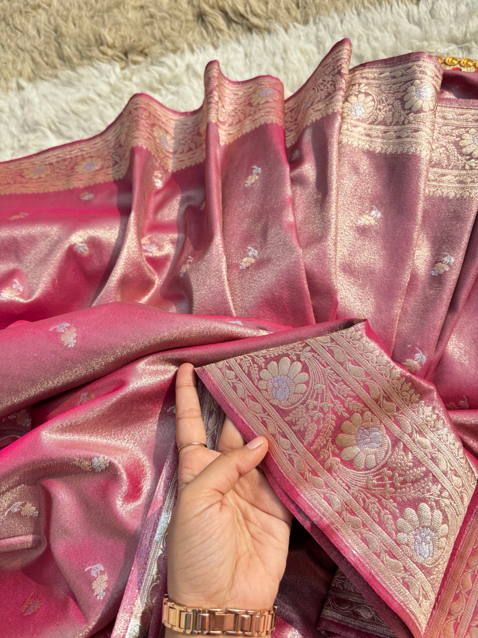 Light Rani Pink Sona Rupa Banarasi Tissue Saree-Border Detail