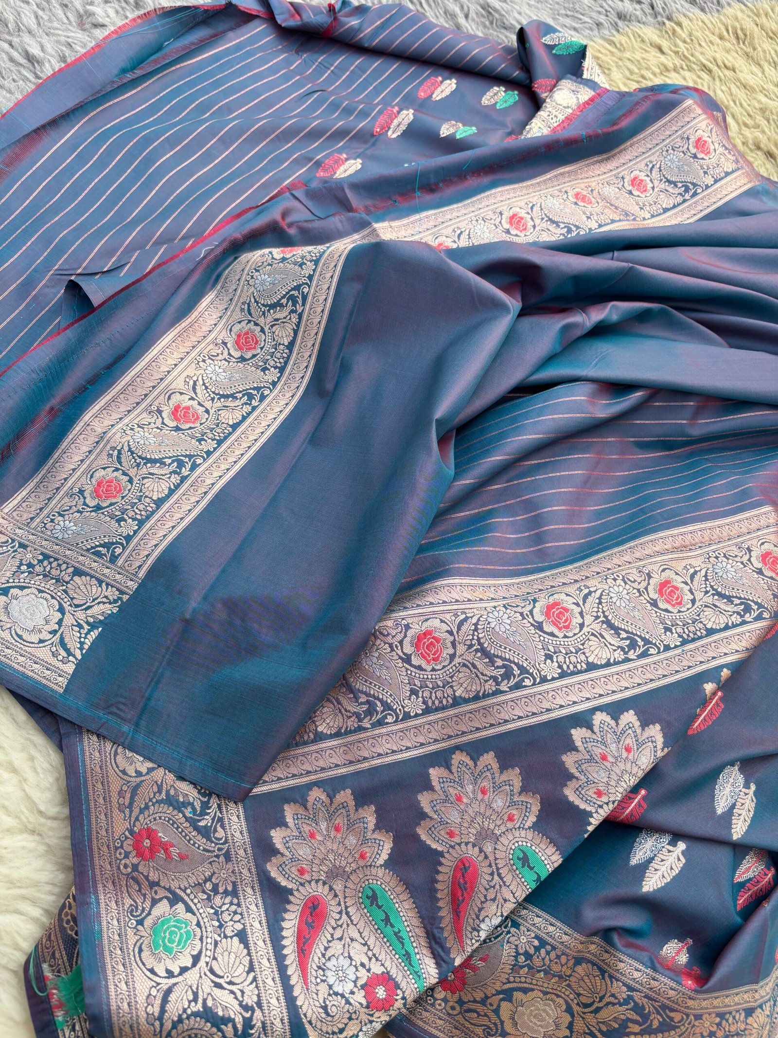 Midnight Blue Minakari Booti Katan Silk Uppada Banarasi Saree-Blouse