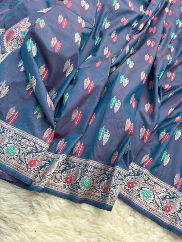 Midnight Blue Minakari Booti Katan Silk Uppada Banarasi Saree-Front View