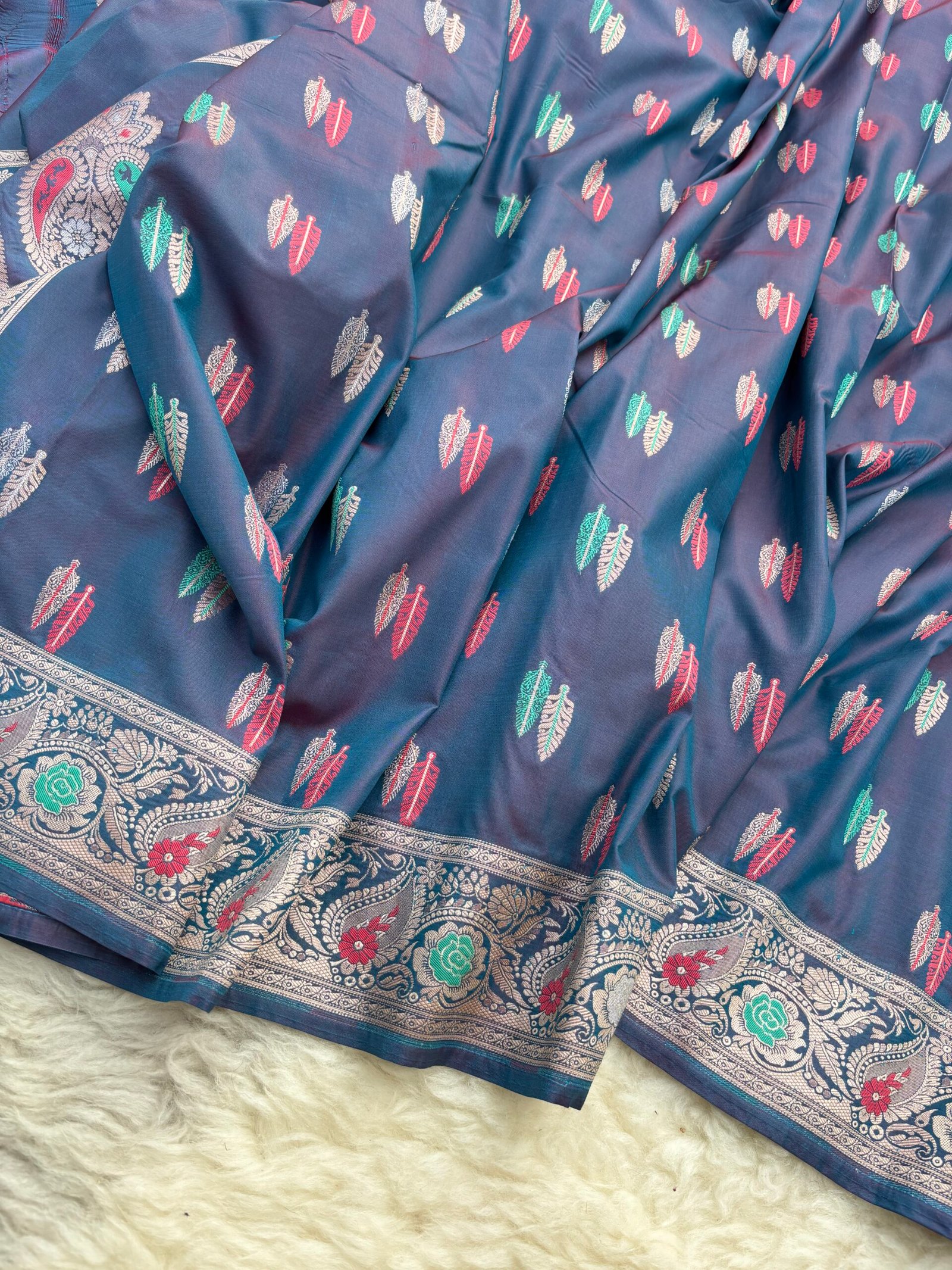 Midnight Blue Minakari Booti Katan Silk Uppada Banarasi Saree-Front View