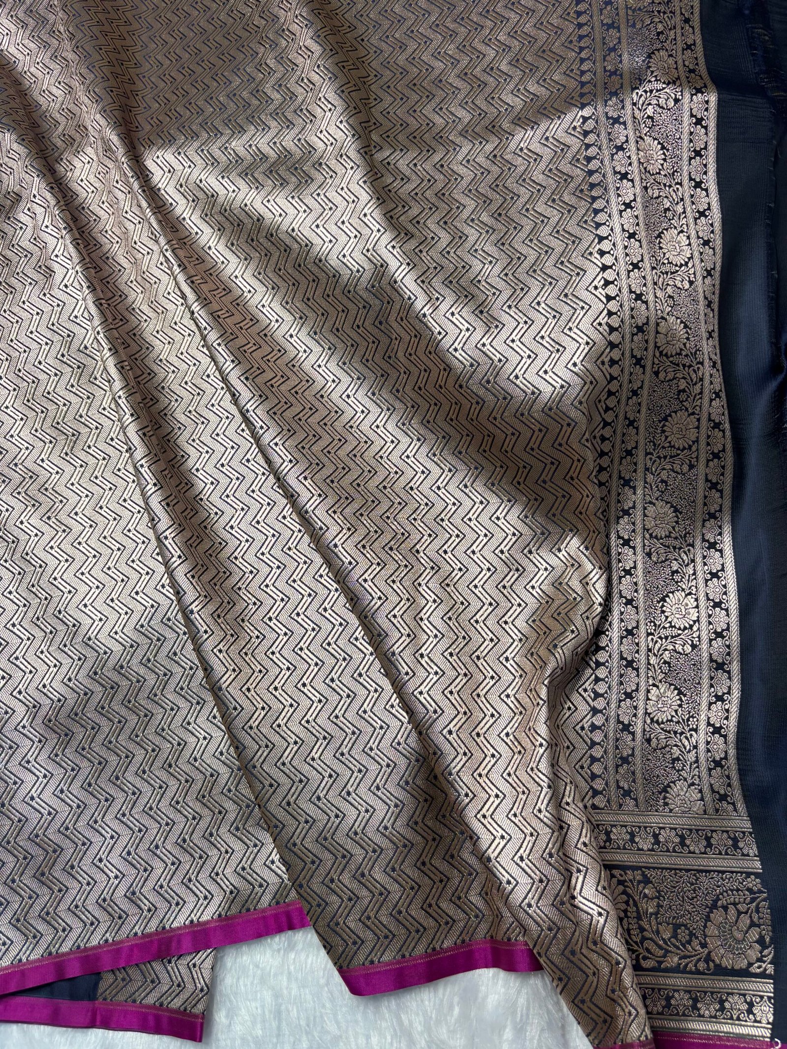 Navy Blue Banarasi Rangkat Mashru Silk Saree-Blouse