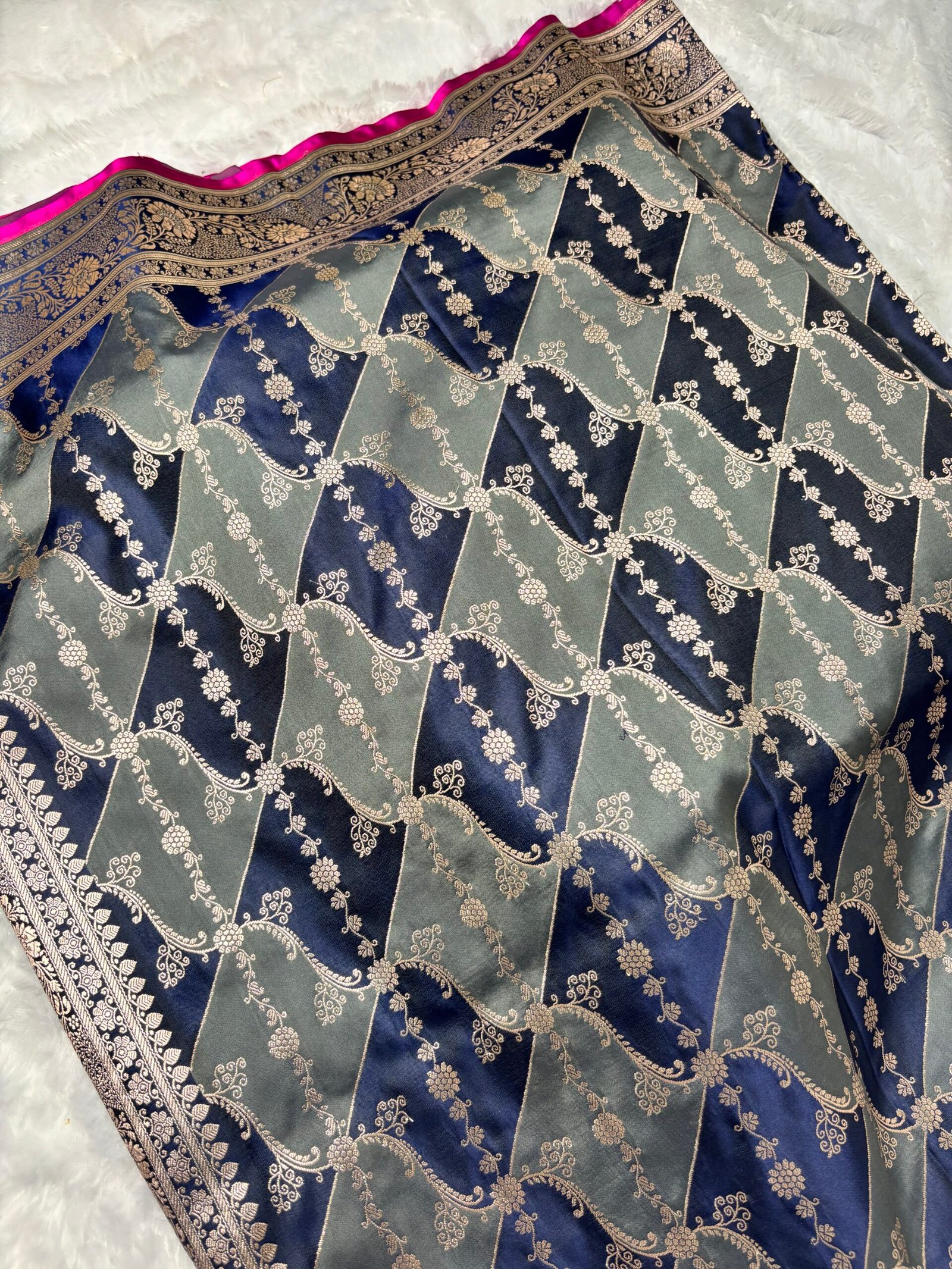 Navy Blue Banarasi Rangkat Mashru Silk Saree-Front View