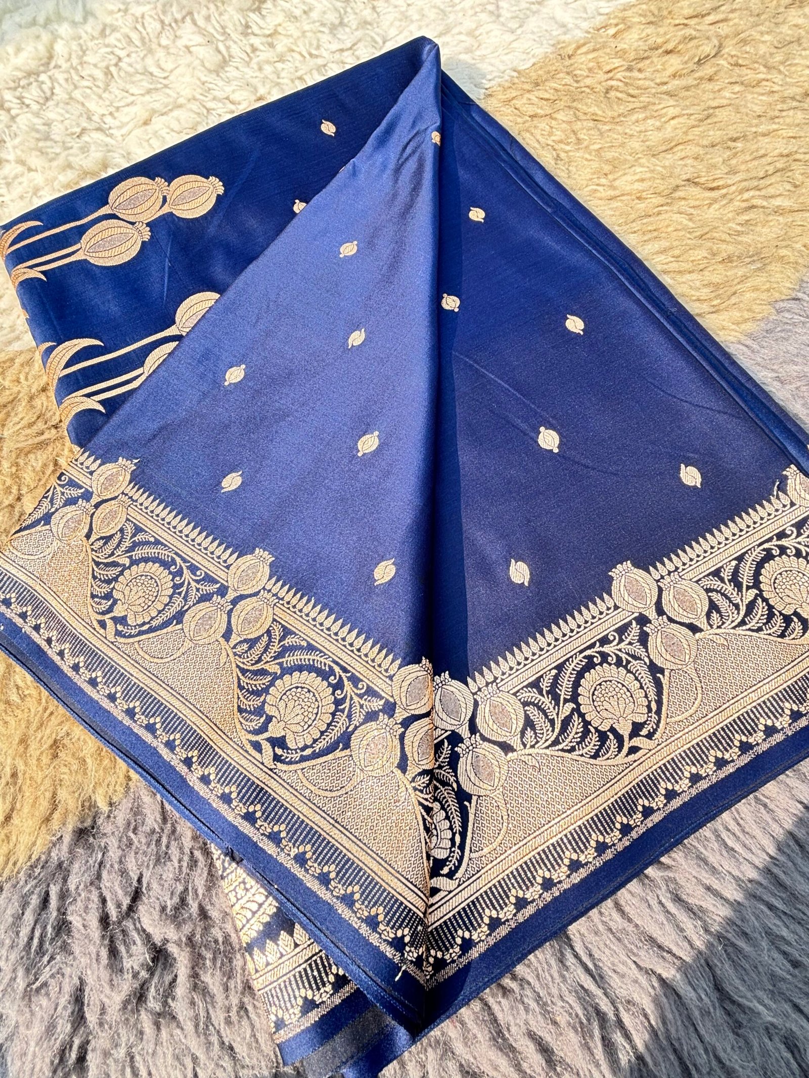 Navy Blue Banarasi Satin Silk Saree With Rich Lustre-Fabric Close Up