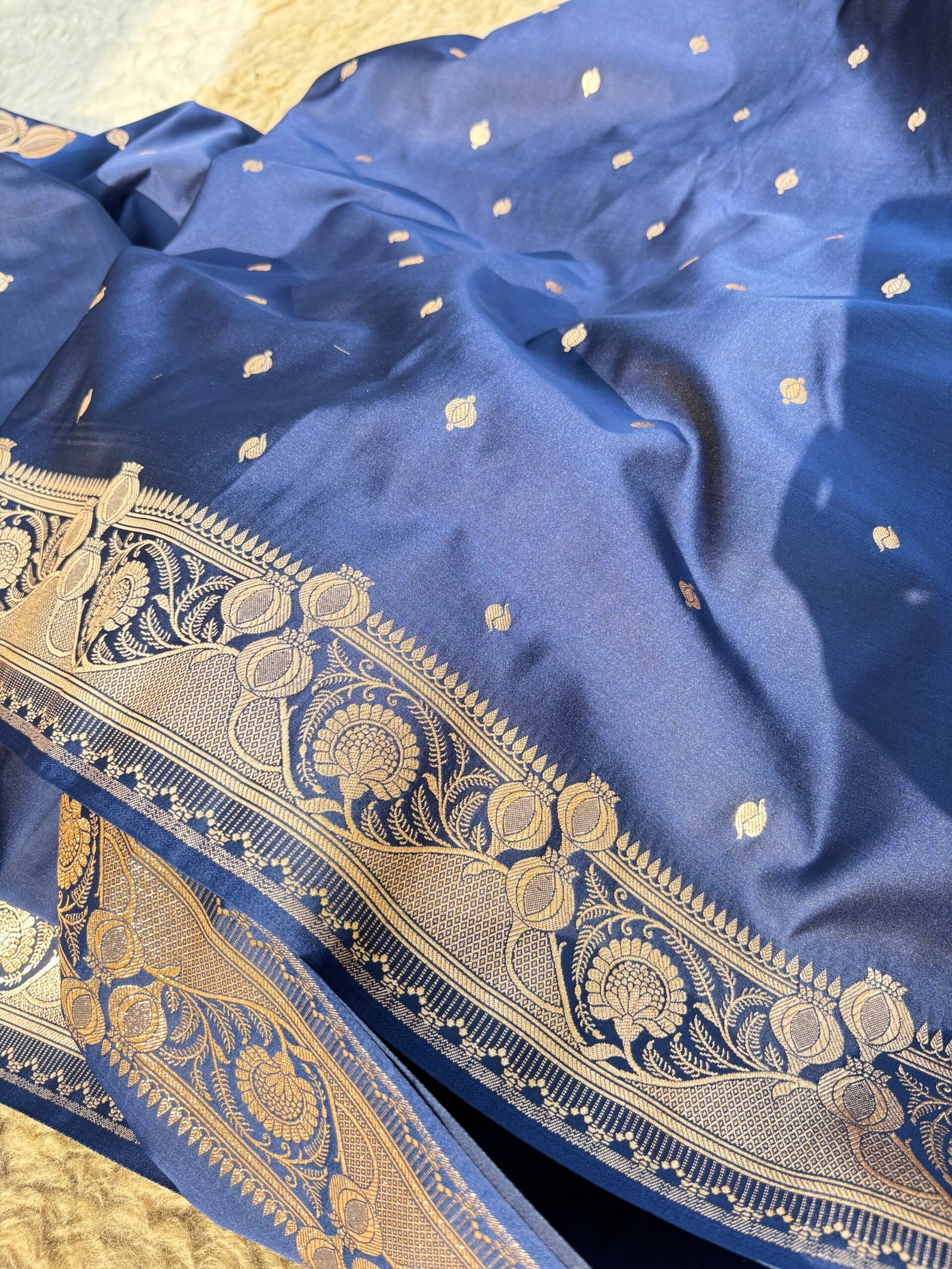 Navy Blue Banarasi Satin Silk Saree With Rich Lustre-Front View