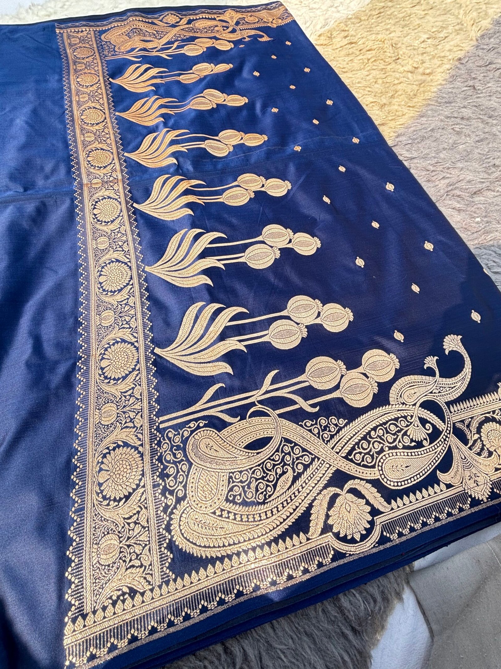 Navy Blue Banarasi Satin Silk Saree With Rich Lustre-Pallu Detail