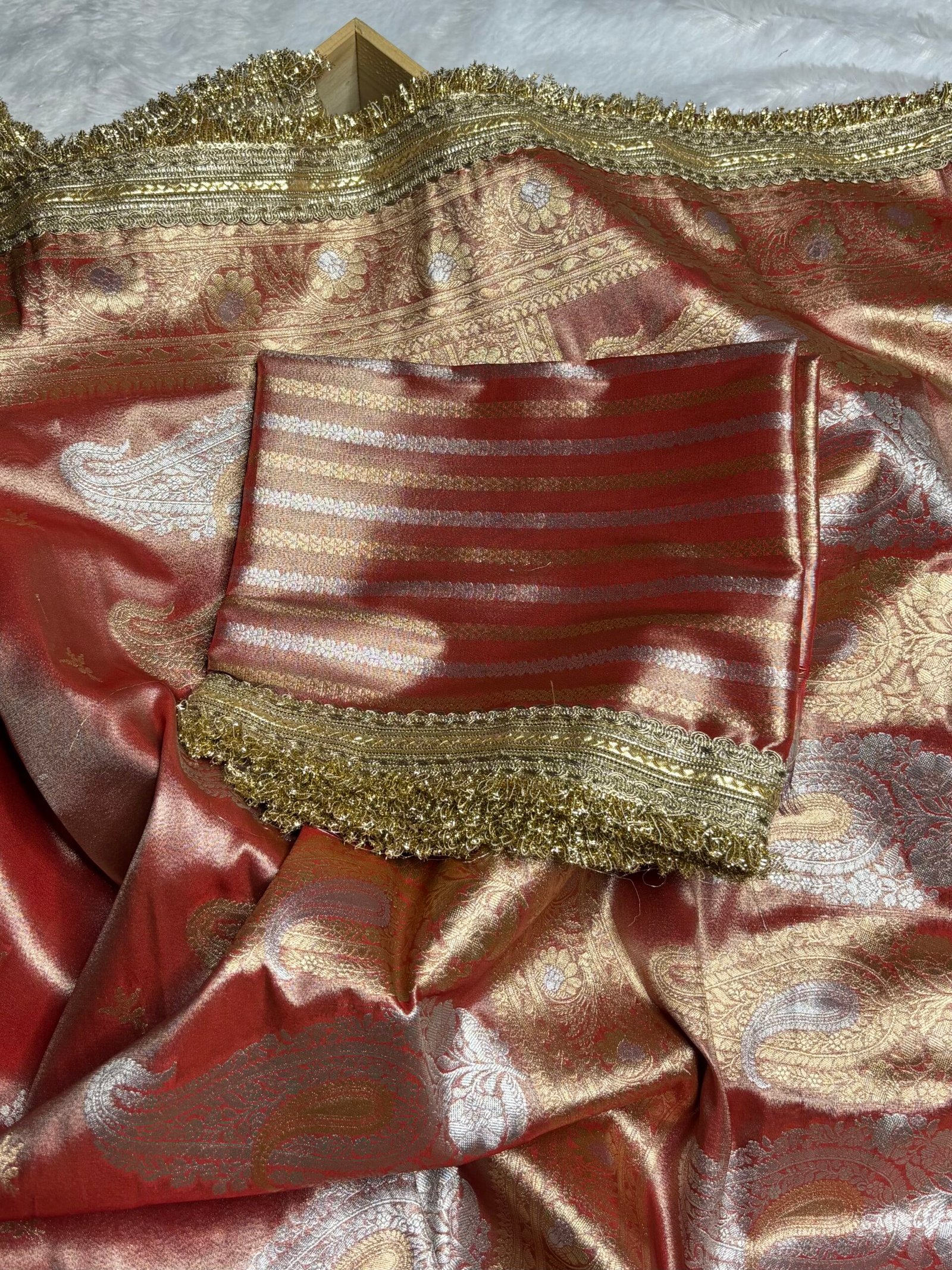 Orange Sona Rupa Kadhiyal Banarasi Tissue Saree with Lace Work-Blouse