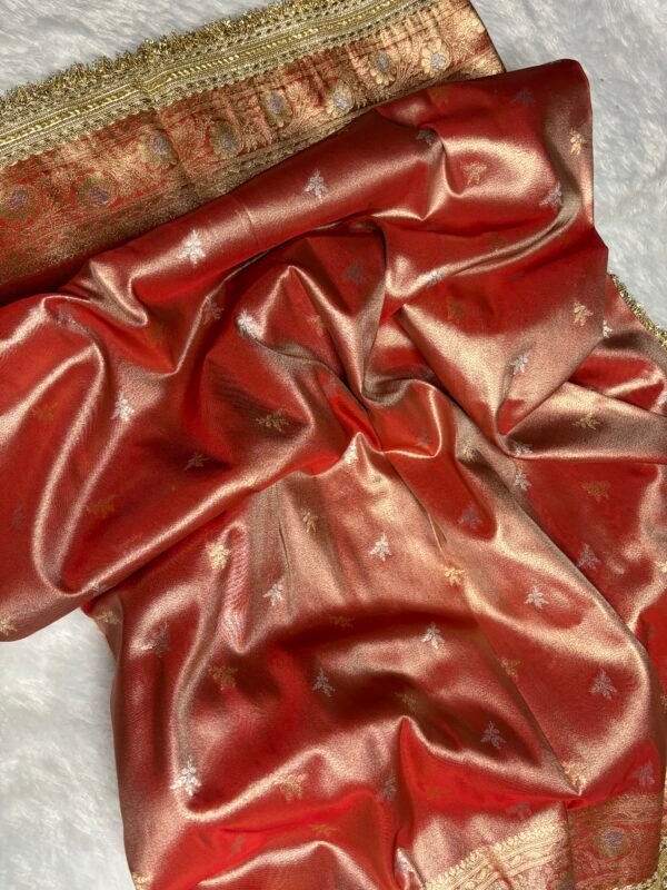 Orange Sona Rupa Kadhiyal Banarasi Tissue Saree with Lace Work-Fabric & Buti Detail