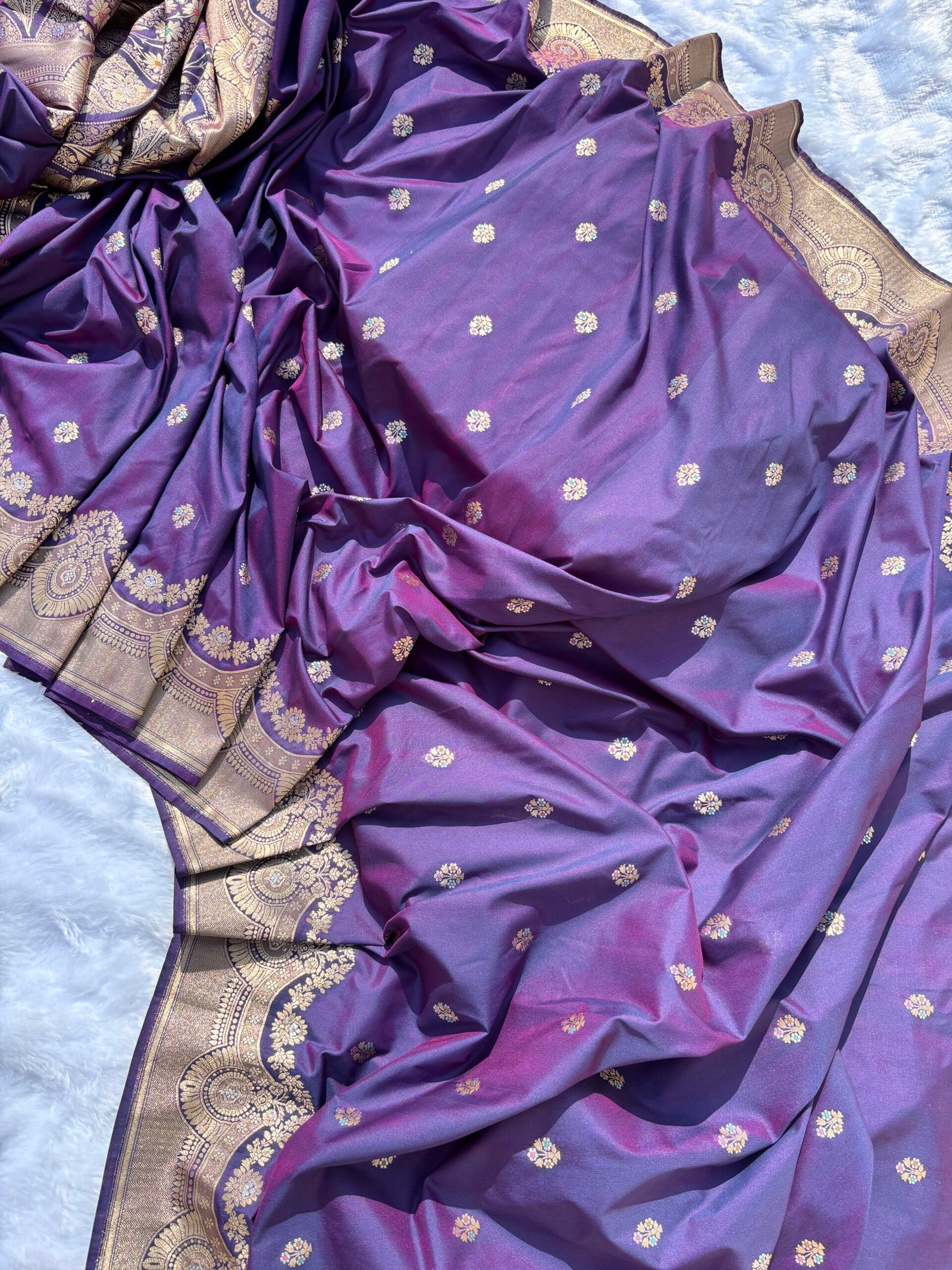 Purple Minakari Booti Uppada Katan Silk Banarasi Saree-Front View
