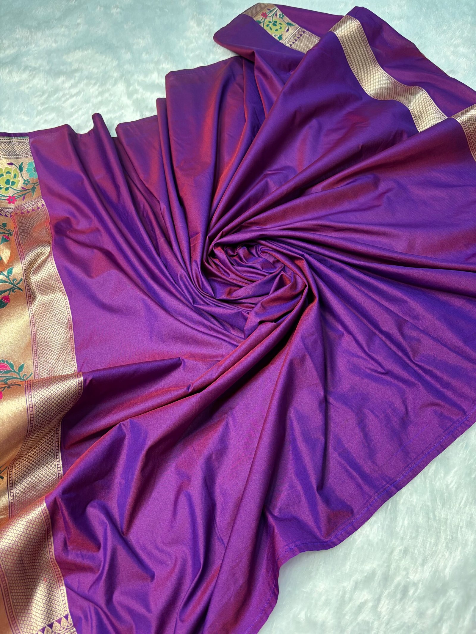Purple Plain Paithani-Style Uppada Katan Silk Banarasi Saree-Blouse