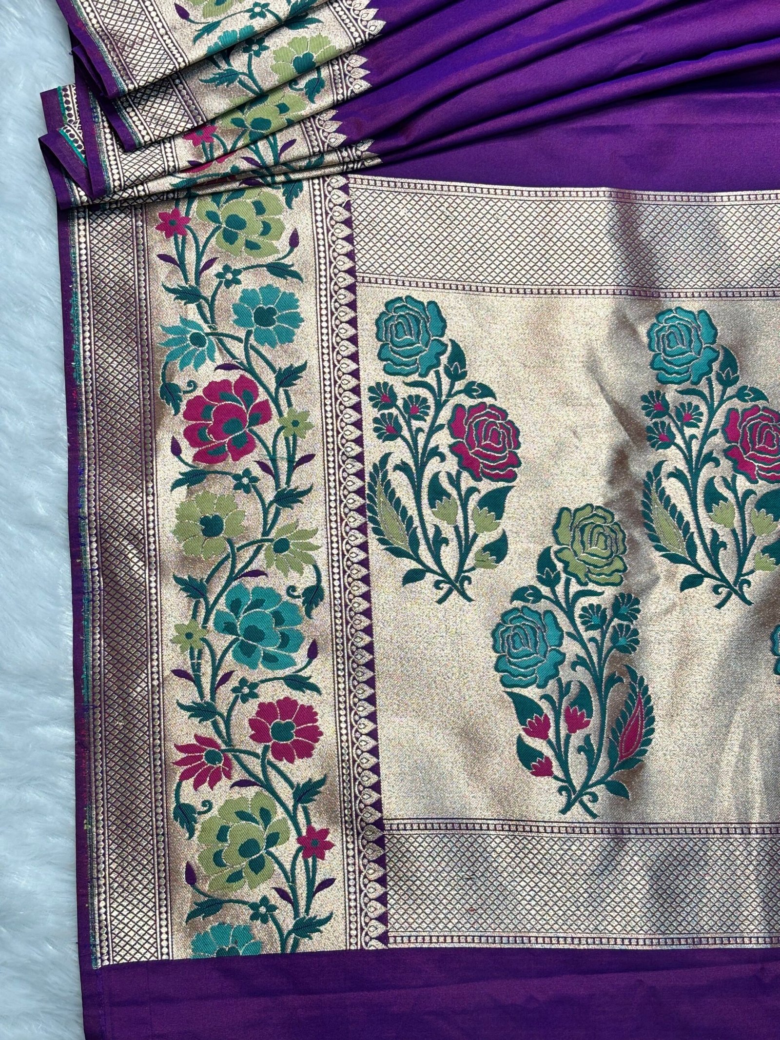 Purple Plain Paithani-Style Uppada Katan Silk Banarasi Saree-Border Detail